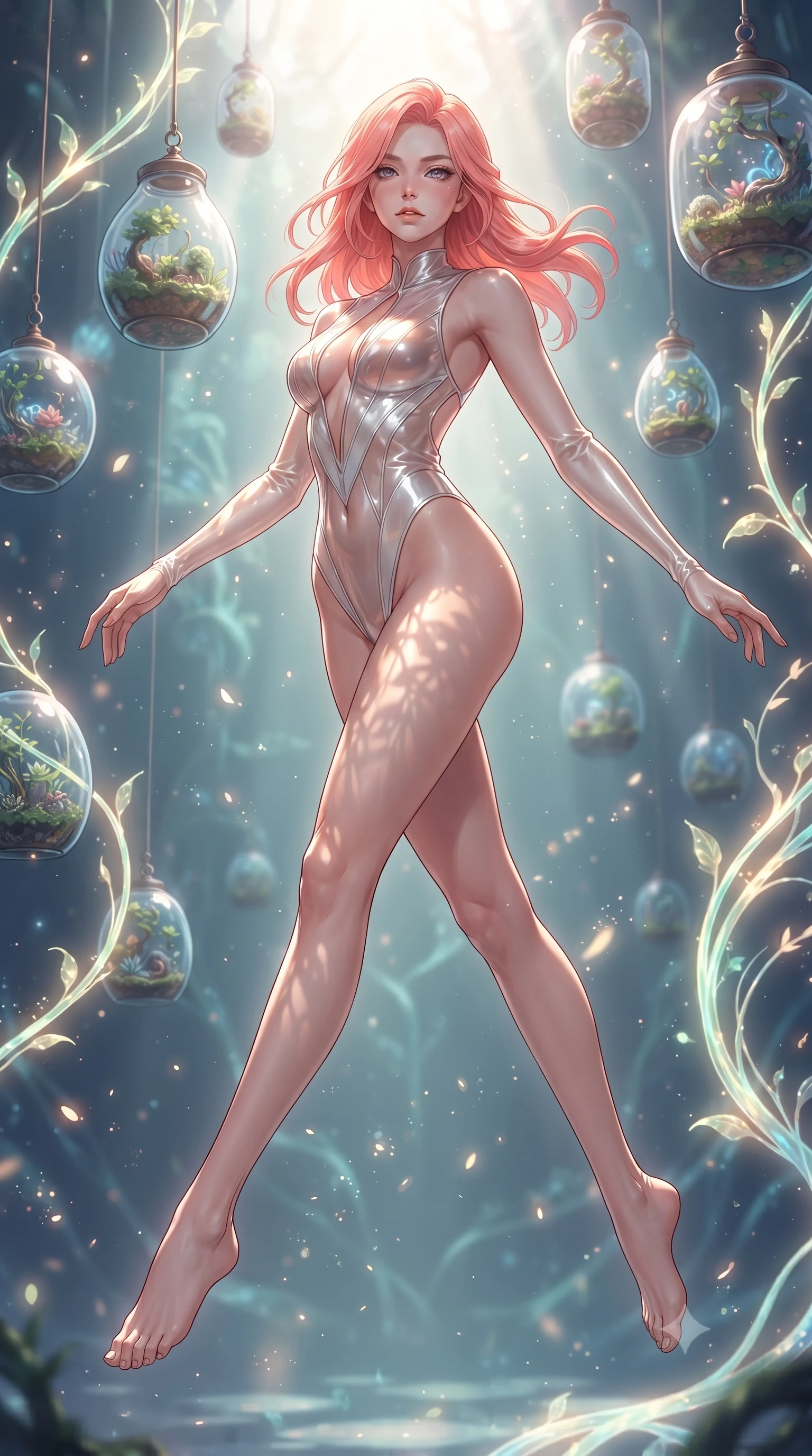 score_9, masterpiece, best quality, ultra-detailed, high-budget anime keyframe, editorial fashion photography, tasteful artistic composition, Japanese woman. low angle full-body shot from head to toe showing her feet, filling the entire 9:16 vertical frame with her statuesque presence, stretching her vertical silhouette. leaping gracefully through the environment with statuesque elegance and long slender legs surrounded by floating glass terrariums and radiant biomorphic vines, glowing pollen particles drifting gracefully around her form. She has an absolutely perfect, statuesque 8.5-heads proportion, an exceptionally tall and slender model-like female figure with impossibly long slender legs and an ultra-slim waist. sharp v-shaped jawline, high-bridge nose, intricate jewel-like eyes with depth, thick eyelashes, glossy lips with a natural sheen. wearing a high-cut translucent vinyl leotard with front paneling and open back in pearl white and rose gold, crafted from lustrous satin jersey with fluid draping, accented with a Tasteful chest slit framing her clavicle gracefully, the glove-like fit emphasizing her statuesque silhouette. illuminated by brilliant sunbeams casting organic leaf stencil shadows. ultra-reflective glossy finish, specular highlights, metallic sheen, high-contrast stereoscopic depth, volumetric dynamic lighting, 2k, ultra detail, master piece, 9:16 ratio