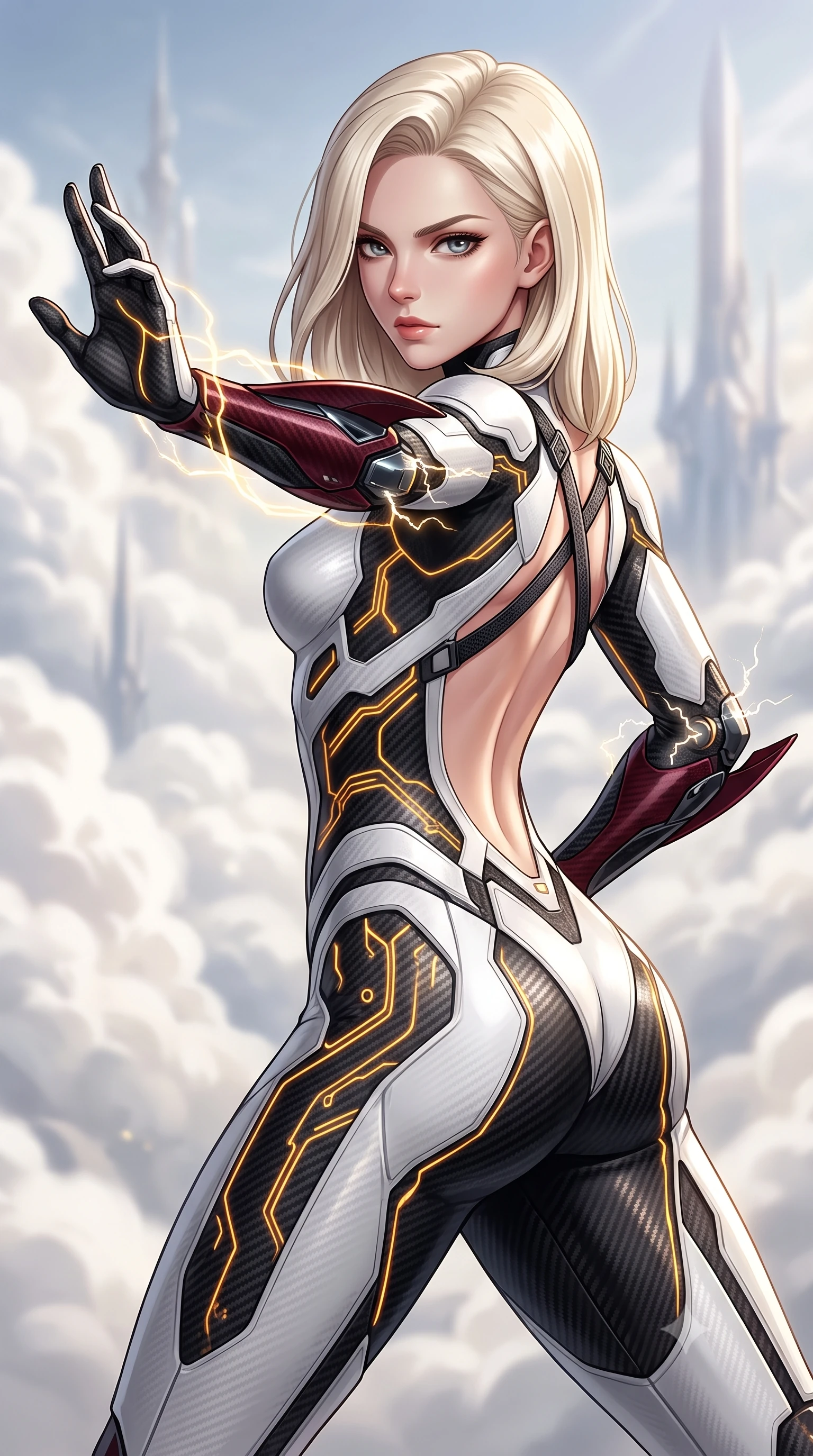 score_9, masterpiece, best quality, ultra-detailed, high-budget anime keyframe, semi-realistic 3D game render, editorial fashion photography, tasteful artistic composition, Caucasian woman. close-up cowboy shot from the waist and thighs up, the character dominates the composition, filling the frame with her large presence. twisting her upper body in a dynamic S-curve martial arts stance, cybernetic elbow dampers emitting subtle electric sparks as she aims a focused palm strike while arching her spine in a fluid zero-gravity turn as golden energy waves pulse through the Damascus-pattern carbon weave of her suit. The composition keeps background elements in soft focus with creamy bokeh. billowing white cloud seas and distant celestial spires softened by shallow atmospheric focus. She has an exceptionally elegant, slender, and willowy female figure with an ultra-slim waist, a gracefully sculpted slender torso, toned flat midriff, and a refined slim silhouette. sharp v-shaped jawline, high-bridge nose, intricate jewel-like eyes with depth, thick eyelashes, glossy lips with a natural sheen, flawlessly proportioned anatomical accuracy, strict slender model proportions, natural body alignment, perfectly sculpted long slender limbs, ultra-slim waistline, clean dynamic posture without body distortion. wearing a high-contrast monochrome white-and-black carbon-composite exoskeleton suit with glowing amber circuitry and aerodynamic limb fins in deep crimson carbon weave with specular dark chrome accents, crafted from semi-translucent cybernetic carbon-vinyl interwoven with glowing micro-filaments, complemented by criss-cross back harness straps highlighting her completely bare spine, the sleek second-skin cut tightly hugging her graceful clavicle, narrow waist, and feminine curves with athletic precision. illuminated by crisp specular highlights tracing her sculpted flat midriff, bare spine, and slender limbs. rich saturated anime colors with glowing neon highlights, detailed shading with soft gradients, rich glossy textures, high-contrast stereoscopic depth, volumetric dynamic lighting, master piece, 9:16 ratio
