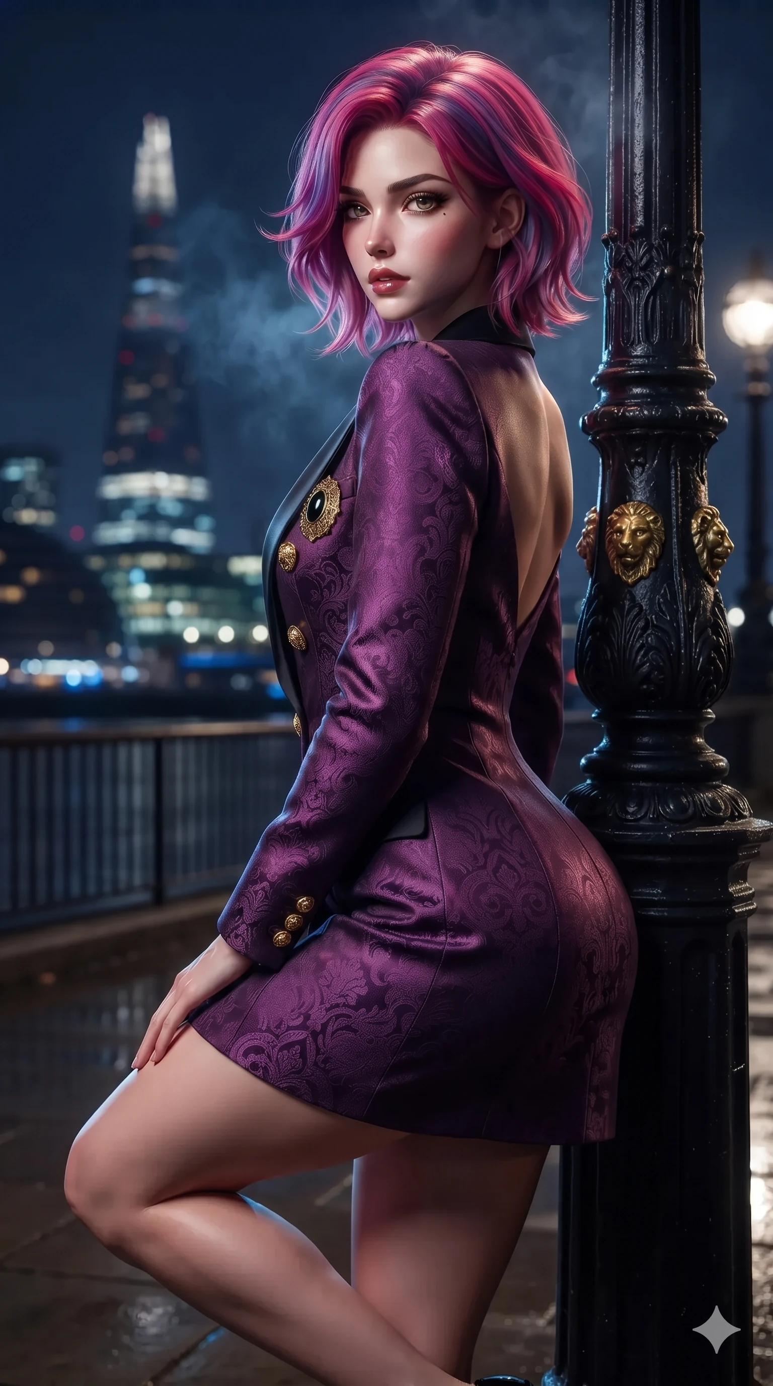 score_9, masterpiece, best quality, ultra-detailed, high-budget anime keyframe, editorial fashion photography, tasteful artistic composition, Caucasian woman. close-up cowboy shot from the waist and thighs up, the character dominates the composition, filling the frame with her large presence. leaning against a historic cast-iron lamppost with one knee bent, night mist drifting through her hair as her dark outfit traces her feminine curves while posing in an alluring rear three-quarter angle, turning over a bare shoulder with parted glossy lips, her hips cocked back to highlight her curves. The background shows a soft-focus modern London riverbank softened in urban nocturnal shallow focus. She has an exceptionally elegant, slender, and willowy female figure with an ultra-slim waist, flat toned midriff, narrow ribcage, and sculpted feminine hips creating an alluring, slim hourglass silhouette without bulk. sharp v-shaped jawline, high-bridge nose, intricate jewel-like dark sparkling eyes with dangerous depth, thick curled eyelashes, glossy parted lips with a rich wine sheen, smoldering seductive half-smile with bedroom-eyes, exuding effortless superiority and intoxicating dark allure, flawlessly proportioned anatomical accuracy, strict slender model proportions, natural body alignment, perfectly sculpted long slender limbs, ultra-slim waistline, clean dynamic posture without body distortion. wearing a tailored double-breasted midnight tuxedo jacket dress with satin peak lapels and golden lion-head buttons in royal amaranth purple and liquid platinum, tailored from rich silk jacquard with subtle embossed baroque patterns, finished with an authentic engraved gold medallion and obsidian cabochons, the impeccably tailored cut draping gracefully along her slender figure with aristocratic noir poise. illuminated by wet pavement bounce and sharp sapphire-cyan rim lights defining her razor-sharp jawline, narrow waist, and curvy hips. ultra-reflective glossy finish, specular highlights, rich textural contrasts, high-contrast stereoscopic depth, volumetric dynamic lighting, 2k, ultra detail, master piece, 9:16 ratio