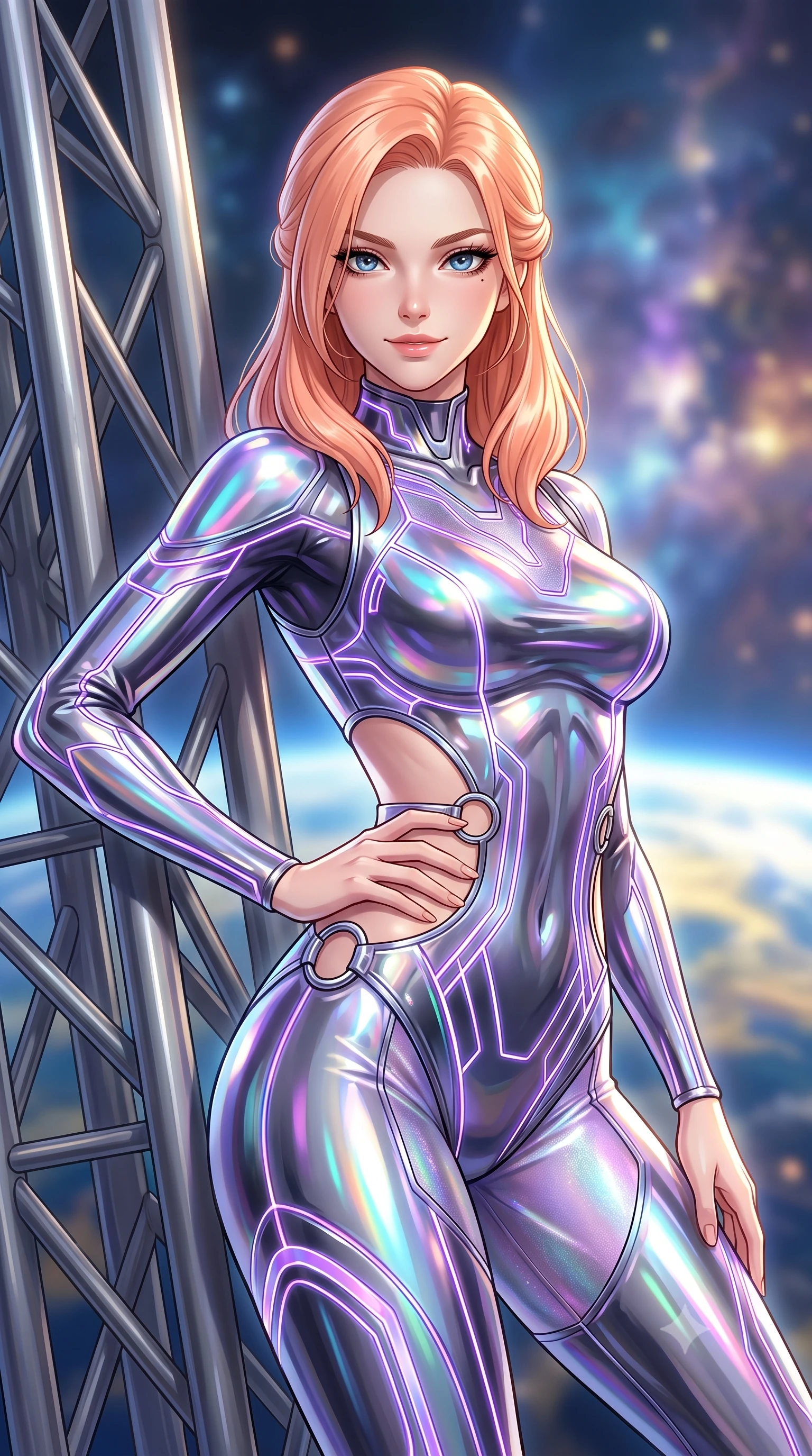score_9, masterpiece, best quality, ultra-detailed, high-budget anime keyframe, editorial fashion photography, tasteful artistic composition, Japanese woman. close-up cowboy shot from the waist and thighs up, the character dominates the composition, filling the frame with her large presence. twisting her upper body in a dynamic S-curve with commanding allure, one hand resting on her slender waist with haughty grace while leaning against a structural titanium truss with a confident, celestial smile looking directly into the lens. The composition keeps background elements in soft focus with creamy bokeh. glowing planetary curve of Earth and distant supernova clouds blurred into breathtaking azure, gold, and violet bokeh. She has an exceptionally elegant, slender, and willowy female figure with an ultra-slim waist, a gracefully sculpted slender torso, toned flat midriff, and a refined slim silhouette. sharp v-shaped jawline, high-bridge nose, intricate jewel-like eyes with depth, thick eyelashes, glossy lips with a natural sheen, flawlessly proportioned anatomical accuracy, strict slender model proportions, natural body alignment, perfectly sculpted long slender limbs, ultra-slim waistline, clean dynamic posture without body distortion. wearing an aerodynamic sculpted liquid-chrome bodysuit with glowing neon fiber-optic circuitry and an elegant high-fashion cut in iridescent holographic chrome with prism violet highlights, crafted from delicate iridescent organza interwoven with luminescent micro-fibers, detailed with polished silver rings connecting the daring side-waist cutouts, the precision-cut daring openings accentuating her delicate midriff, graceful bare collarbones, and ultra-slim feminine waistline. surrounded by an awe-inspiring, supreme, and radiantly divine cosmic sovereign aura. ultra-reflective glossy finish, specular highlights, dark metallic sheen, high-contrast stereoscopic depth, volumetric dynamic lighting, 2k, ultra detail, master piece, 9:16 ratio