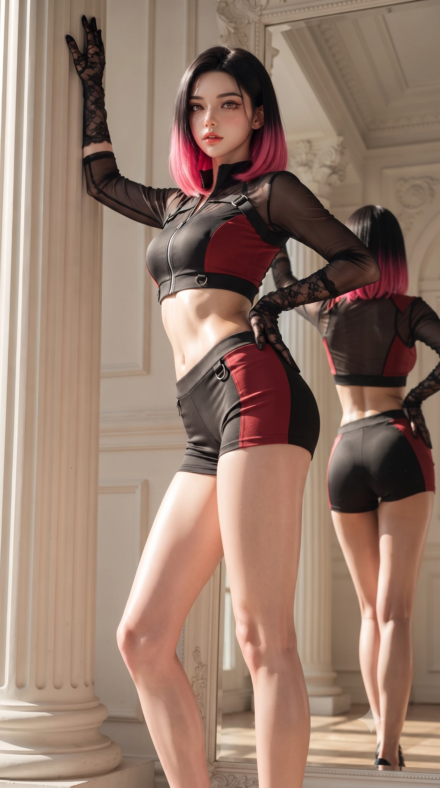 score_9, masterpiece, best quality, ultra-detailed, high-budget anime keyframe, editorial fashion photography, tasteful artistic composition, Korean woman. low angle full-body shot from head to toe showing her feet, filling the entire 9:16 vertical frame with her statuesque presence, stretching her vertical silhouette. standing tall beside the architectural column, one hand resting high while arching her lower back to emphasize her sculpted feminine hips and slender waist while twisting her slender torso in an alluring contrapposto stance before the mirror, sunlight tracing her flat midriff, narrow waist, and hips. The surrounding environment is rendered in vivid detail and crisp panoramic clarity: detailed ribbed knit leotard texture, dewy perspiration glow on skin, and classical studio architecture in high resolution. She has an absolutely perfect, statuesque 8.5-heads proportion, an exceptionally tall and slender model-like female figure with impossibly long slender legs, an ultra-slim waist, a flat toned midriff, narrow delicate ribcage, and beautifully sculpted feminine hips creating a graceful, slim hourglass silhouette without any bulky heaviness. sharp v-shaped jawline, high-bridge nose, sparkling eyes with hypnotic seductive depth, thick curled eyelashes, glossy parted lips with a natural dewy peach sheen, alluring bedroom-eyes with an enchanting coquettish smile, exuding magnetic siren charisma and sophisticated glamour, flawlessly proportioned anatomical accuracy, strict slender model proportions, natural body alignment, perfectly sculpted long slender limbs, ultra-slim waistline, clean dynamic posture without body distortion. wearing a modern two-piece tactical siren set featuring a zip-front bolero jacket and curve-hugging compression hot-pants in matte obsidian black and tactical crimson red with gunmetal hardware, made of semi-opaque stretch illusion mesh with soft shadowy contours, complemented by sheer opera-length lace evening gloves tracing her slender arms, the second-skin tailored fabric adhering flawlessly to her sculpted flat midriff and slender torso, emphasizing her long leg lines and perfectly proportioned willowy build. illuminated by mirror reflection bounce and sharp platinum rim lights sculpting her jawline, flat midriff, and voluptuous hip curves. ultra-reflective glossy finish, specular highlights, rich textural contrasts, high-contrast stereoscopic depth, volumetric dynamic lighting, 2k, ultra detail, master piece, 9:16 ratio