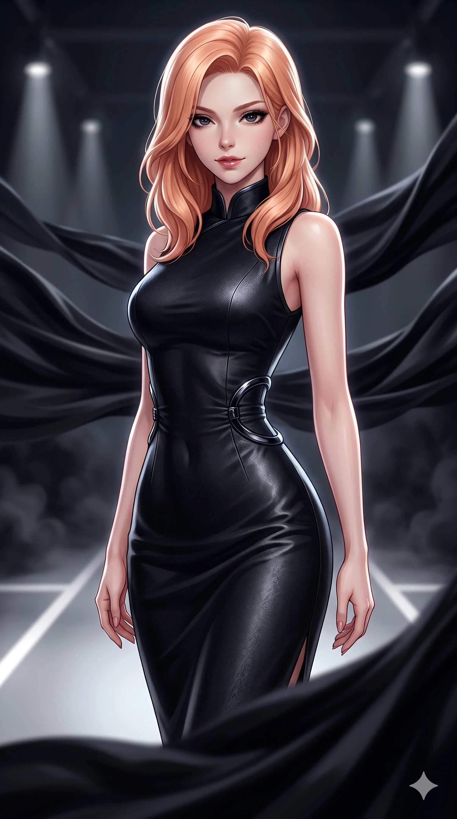 score_9, masterpiece, best quality, ultra-detailed, high-budget anime keyframe, semi-realistic 3D game render, editorial fashion photography, tasteful artistic composition, Japanese woman. close-up cowboy shot from the waist and thighs up, the character dominates the composition, filling the frame with her large presence. twisting her slender torso in a deep contrapposto stance, hips dramatically shifted to accentuate her feminine curves while twisting her slender torso in an alluring S-curve between billowing midnight fabric waves, directional razor lights tracing her flat midriff and hips. The background shows a soft-focus undulating black silk fabric waves suspended in mid-air, distant architectural spotlight cones, and white floor lines blurred into smoky charcoal and obsidian bokeh. She has an exceptionally elegant, slender, and willowy female figure with an ultra-slim waist, flat toned midriff, narrow ribcage, and sculpted feminine hips creating an alluring, slim hourglass silhouette without bulk. sharp v-shaped jawline, high-bridge nose, intricate jewel-like dark sparkling eyes with hypnotic seductive depth, thick curled eyelashes, glossy parted lips with a natural wine sheen, alluring bedroom-eyes with an enigmatic smoldering smile, exuding magnetic sovereign charisma and dark avant-garde glamour, flawlessly proportioned anatomical accuracy, strict slender model proportions, natural body alignment, perfectly sculpted long slender limbs, ultra-slim waistline, clean dynamic posture without body distortion. wearing a structured obsidian brocade evening dress with high mandarin collar in pure obsidian monochrome with subtle metallic sheen, tailored from soft dark satin with subtle light-absorbing depth, accented with sculpted obsidian chrome rings at the waist, the bespoke structured tailoring following the natural line of her 8.5-heads silhouette with refined elegance. illuminated by polished gallery floor bounce and sharp diamond-platinum rim lights sculpting her razor-sharp jawline, narrow waist, and curvy hips. highly saturated vibrant anime colors, detailed shading with soft gradients, rich glossy textures, high-contrast stereoscopic depth, volumetric dynamic lighting, master piece, 9:16 ratio