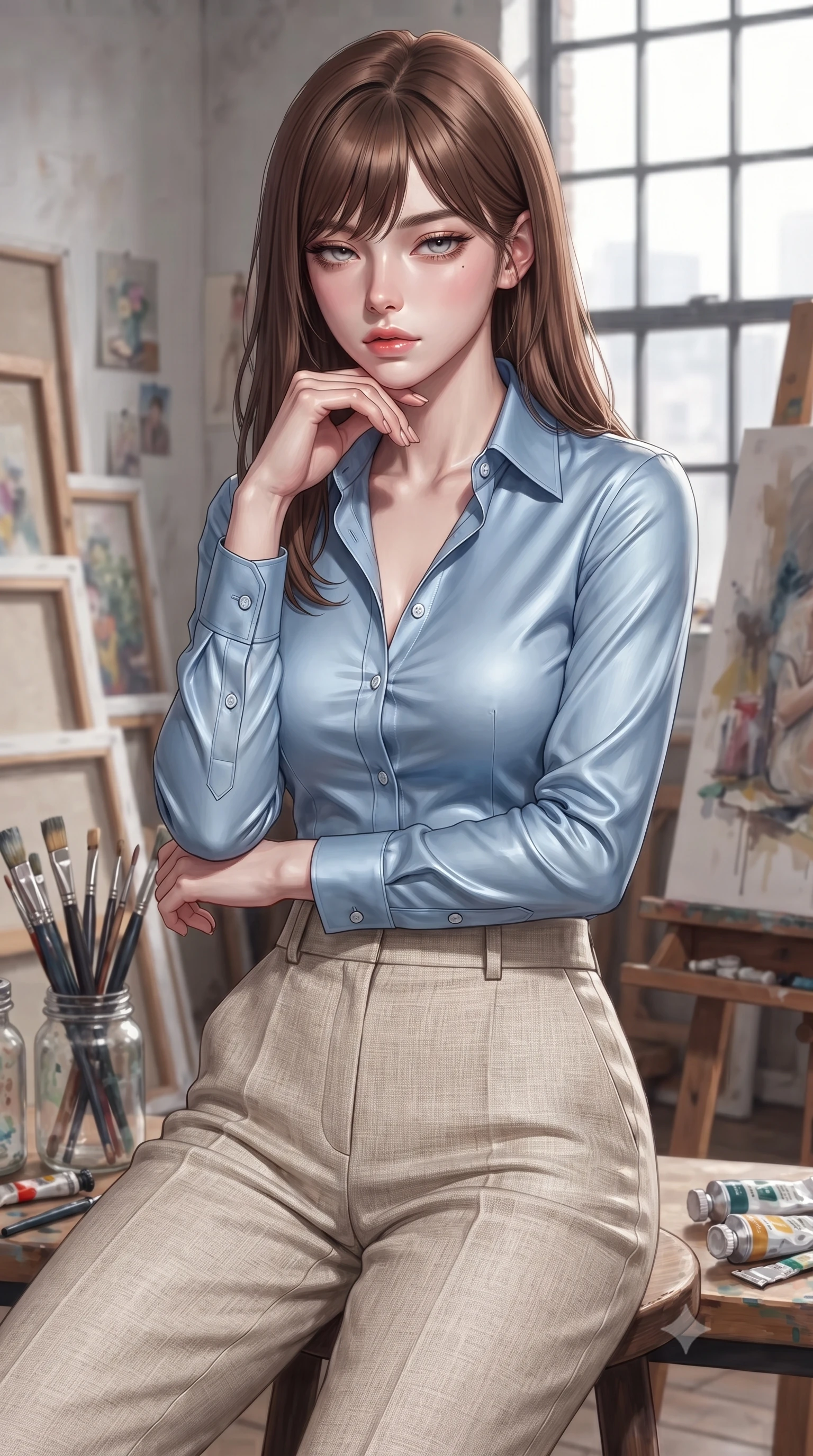 score_9, masterpiece, best quality, ultra-detailed, high-budget anime keyframe, editorial fashion photography, tasteful artistic composition, Korean woman woman. close-up cowboy shot from the waist and thighs up, the character dominates the composition, filling the frame with her large presence, background elements kept in soft focus. resting her chin on the backs of her fingers, casting a heavy-lidded, sultry look past the camera the background shows a soft-focus an artist's loft studio filled with canvases, paint brushes, and easel near a large window. She has an exceptionally elegant, slender, and willowy female figure with an ultra-slim waist, a gracefully sculpted slender torso, and a refined silhouette. sharp v-shaped jawline, high-bridge nose, intricate jewel-like eyes with depth, thick eyelashes, glossy lips with a natural sheen. wearing a form-contouring tailored sky blue button-down shirt tucked into high-waisted beige linen trousers. crisp North daylight casting soft, consistent lighting over the workspace. ultra-reflective glossy finish, specular highlights, metallic sheen, high-contrast stereoscopic depth, volumetric dynamic lighting, 2k, ultra detail, master piece, 9:16 ratio