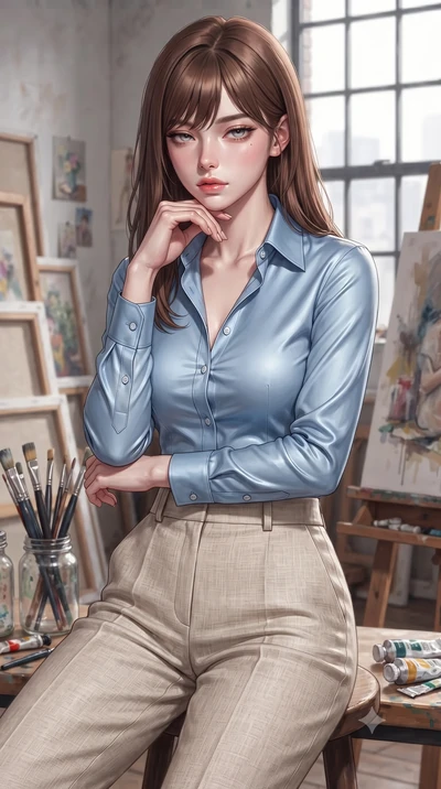 score_9, masterpiece, best quality, ultra-detailed, high-budget anime keyframe, editorial fashion photography, tasteful artistic composition, Korean woman woman. close-up cowboy shot from the waist and thighs up, the character dominates the compositi