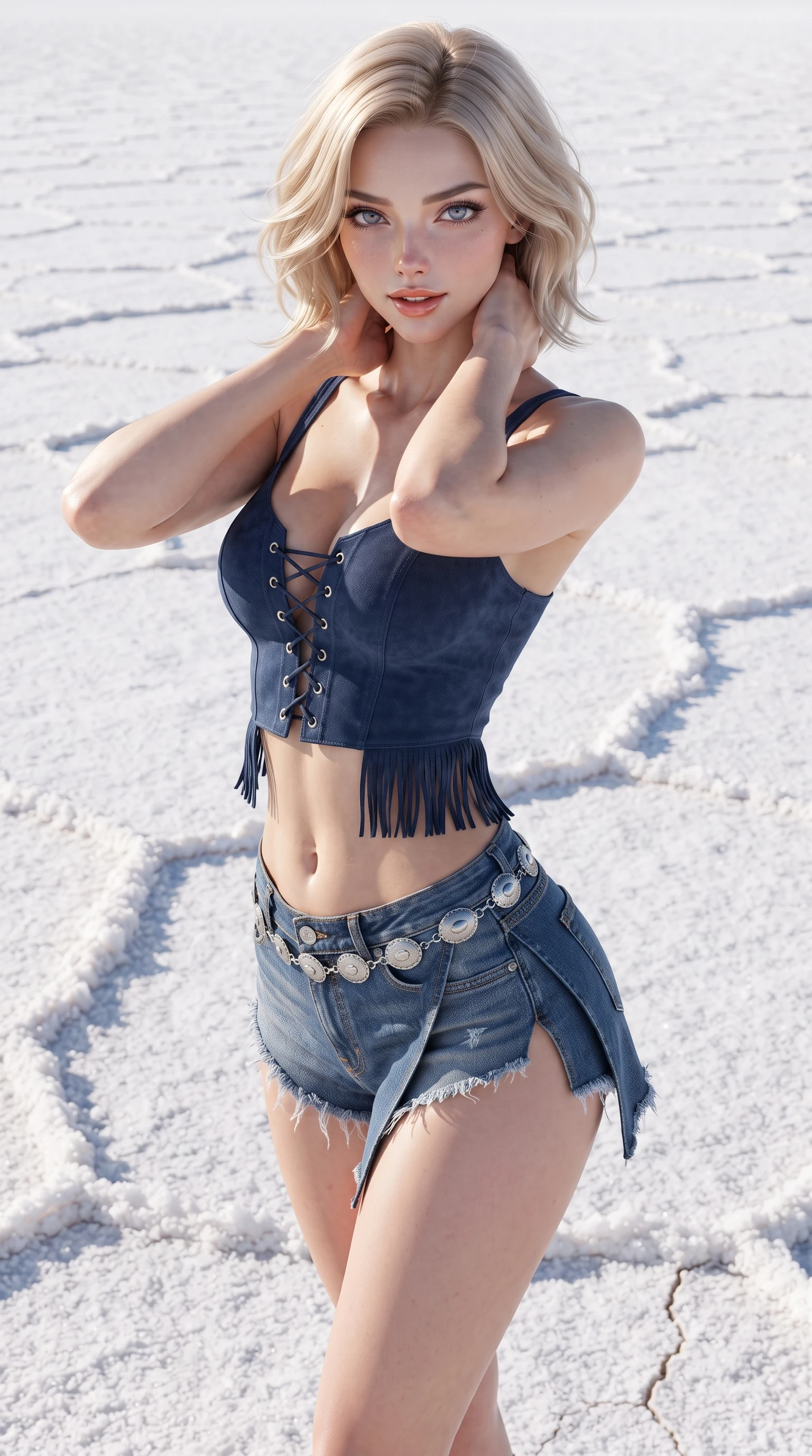 score_9, masterpiece, best quality, ultra-detailed, high-budget anime keyframe, editorial fashion photography, tasteful artistic composition, Caucasian woman. close-up cowboy shot from the waist and thighs up, the character dominates the composition, filling the frame with her large presence. resting both hands lightly behind her neck with elbows raised, arching her spine to highlight her narrow waist, flat midriff, and breathtaking collarbones while standing poised against the endless white salt horizon with hips cocked back, looking into the lens with an irresistible bedroom-gaze. The surrounding environment is rendered in vivid detail and crisp panoramic clarity: sharp raised salt ridge polygon edges, crystalline salt texture, and cracked dry earth seams in deep focus. She has an exceptionally elegant, slender, and willowy female figure with an ultra-slim waist, flat toned midriff, narrow ribcage, and sculpted feminine hips creating an alluring, slim hourglass silhouette without bulk. sharp v-shaped jawline, high-bridge nose, sparkling eyes with hypnotic seductive depth, thick curled eyelashes, glossy parted lips with a natural dewy peach sheen, alluring bedroom-eyes with an enchanting coquettish smile, exuding magnetic siren charisma and sophisticated glamour, flawlessly proportioned anatomical accuracy, strict slender model proportions, natural body alignment, perfectly sculpted long slender limbs, ultra-slim waistline, clean dynamic posture without body distortion. wearing a plunging lace-up suede bustier top paired with ultra-short frayed denim cutoffs and a silver concho waist chain in French Riviera navy blue and warm champagne ivory, tailored from second-skin technical compression neoprene with athletic curve-sculpting stretch, finished with a delicate leather fringe trim fluttering along her hip line with kinetic charm, the high-slit wrap tailoring accentuating her ultra-slim waistline and the enchanting curve of her feminine hips with alluring seductive charm. bathed in brilliant blinding afternoon sunlight bouncing up from the pure white salt crust. ultra-reflective glossy finish, specular highlights, rich textural contrasts, high-contrast stereoscopic depth, volumetric dynamic lighting, 2k, ultra detail, master piece, 9:16 ratio