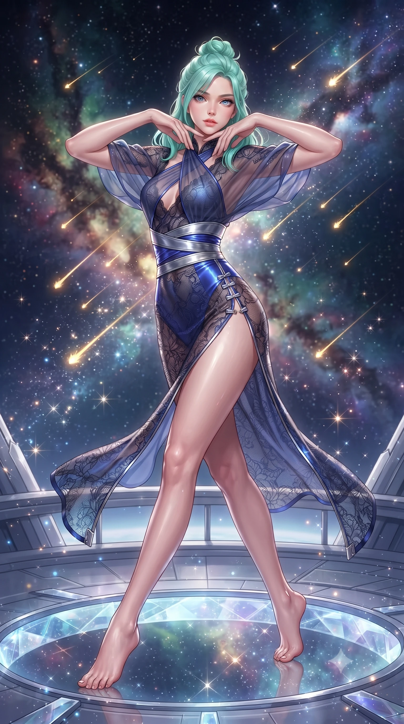 score_9, masterpiece, best quality, ultra-detailed, high-budget anime keyframe, editorial fashion photography, tasteful artistic composition, Japanese woman. low angle full-body shot from head to toe showing her feet, filling the entire 9:16 vertical frame with her statuesque presence, stretching her vertical silhouette. pivoting dynamically in mid-motion with a breathtakingly alluring posture, displaying her flawless model proportions and ultra-slim waist while pivoting dynamically on a crystalline observation ring as a shower of glowing golden shooting stars streaks behind her. The composition keeps background elements in soft focus with creamy bokeh. sparkling diamond stardust motes scattering celestial light across a deep space backdrop. She has an absolutely perfect, statuesque 8.5-heads proportion, an exceptionally tall and slender model-like female figure with impossibly long slender legs, a toned flat midriff, and an ultra-slim waist. sharp v-shaped jawline, high-bridge nose, intricate jewel-like eyes with depth, thick eyelashes, glossy lips with a natural sheen, flawlessly proportioned anatomical accuracy, strict slender model proportions, natural body alignment, perfectly sculpted long slender limbs, ultra-slim waistline, clean dynamic posture without body distortion. wearing a shortened cyber-fusion wrap top with transparent chiffon panels, a deep crossover neckline, and a high-waisted metallic sash that accentuates her ultra-slim waist in liquid electric cobalt blue and polished silver, crafted from delicate dark lace interwoven with luminescent micro-fibers, finished with an ultra-high side slit secured by miniature magnetic clasps, the liquid-tight tailored fabric emphasizing every curve of her tall, slender model proportions and sculptured silhouette during dynamic movement. bathed in radiant starlight brilliance and multi-colored nebula ambient illumination. ultra-reflective glossy finish, specular highlights, metallic sheen, high-contrast stereoscopic depth, volumetric dynamic lighting, 2k, ultra detail, master piece, 9:16 ratio