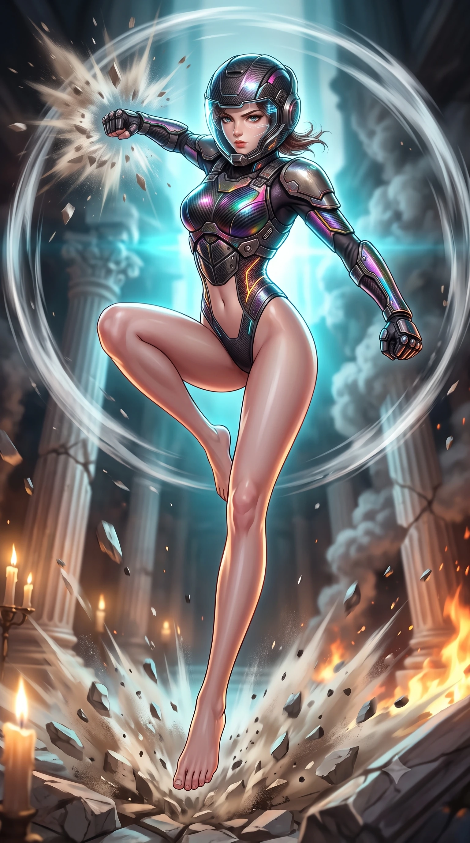 score_9, masterpiece, best quality, ultra-detailed, high-budget anime keyframe, semi-realistic 3D game render, editorial fashion photography, tasteful artistic composition, Korean woman. low angle full-body shot from head to toe showing her feet, filling the entire 9:16 vertical frame with her statuesque presence, stretching her vertical silhouette. leaping into mid-air with an athletic yet alluring arch of her spine, driving a downward kinetic strike surrounded by a ring of displaced air while delivering a supersonic kinetic palm strike that shatters falling masonry in a radial blast of air and dust. The composition keeps background elements in soft focus with creamy bokeh. shattered marble pillars and rising smoke plumes softened in dramatic shallow focus. She has an absolutely perfect, statuesque 8.5-heads proportion, an exceptionally tall and slender model-like female figure with impossibly long slender legs, a toned flat midriff, and an ultra-slim waist. sharp v-shaped jawline, high-bridge nose, intricate jewel-like eyes with depth, thick eyelashes, glossy lips with a natural sheen, fierce and resolute heroine expression, flawlessly proportioned anatomical accuracy, strict slender model proportions, natural body alignment, perfectly sculpted long slender limbs, ultra-slim waistline, clean dynamic posture without body distortion. wearing an open-face aerodynamic carbon-fiber combat helmet with a retracted transparent holographic HUD visor framing her sharp jawline and jewel-like eyes, paired with a heavy modular carbon-fiber combat cuirass paired with a second-skin tactical leotard and reinforced titanium shoulder pauldrons in high-gloss iridescent rainbow carbon with scorched titanium plating, crafted from semi-translucent cybernetic carbon-vinyl interwoven with glowing micro-filaments, detailed with kinetic shock-dampening knuckle guards and polished chrome connection joints, the form-contouring material adhering flawlessly to her sculpted flat midriff and slender torso, emphasizing her long leg lines and perfectly proportioned willowy build. bathed in flickering candlelight and blazing fires with cool cyan kinetic energy backlighting. rich saturated anime colors with glowing neon highlights, detailed shading with soft gradients, rich glossy textures, high-contrast stereoscopic depth, volumetric dynamic lighting, master piece, 9:16 ratio