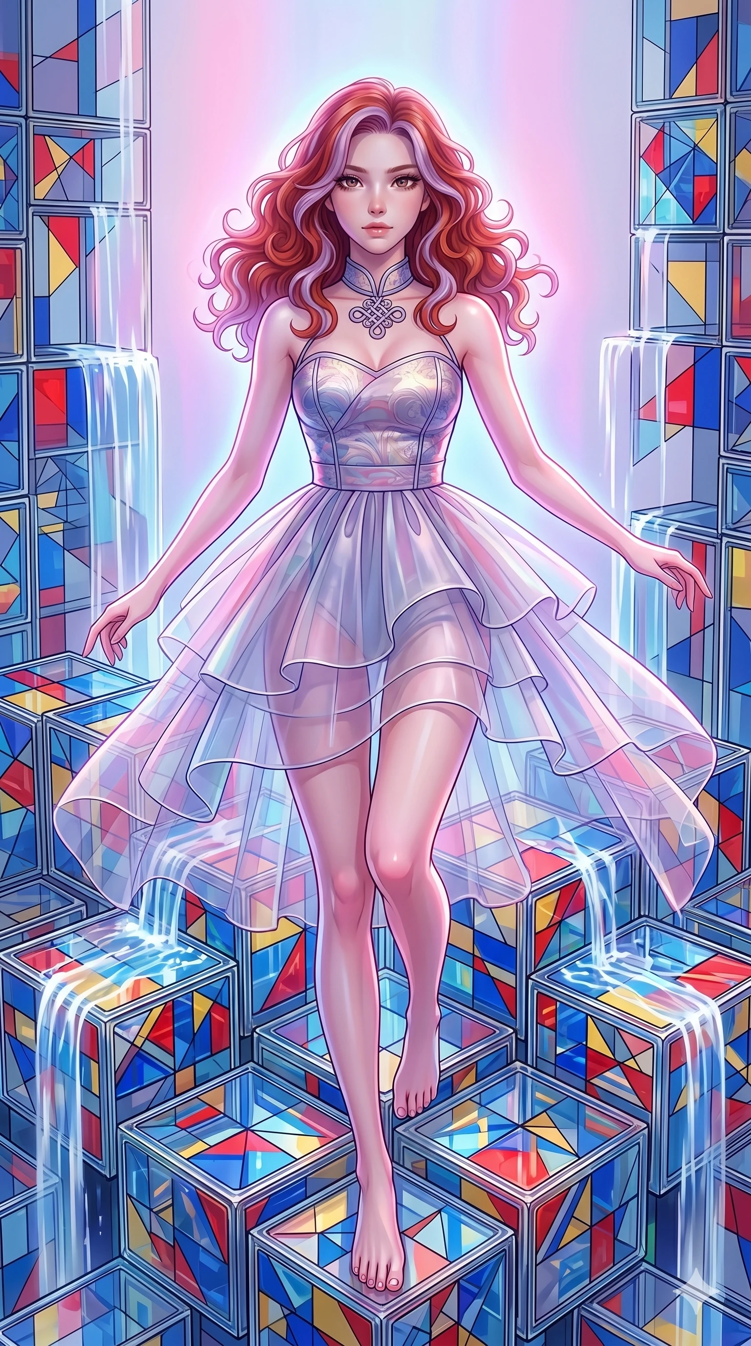 score_9, masterpiece, best quality, ultra-detailed, high-budget anime keyframe, Caucasian woman, strictly human ears. upper body close-up from the thighs up, character filling the screen for maximum presence. balancing on cubist glass blocks that cascade like a waterfall, reflecting complex mosaic patterns and primary colors. She has an absolutely perfect 8-heads proportion, an exceptionally tall and slender female figure with impossibly long slender legs and an ultra-slim waist. V-shaped jawline, high-bridge nose, intricate jewel-like eyes with depth, thick eyelashes, glossy lips with a natural sheen.. wearing a modern fusion silk hanbok dress, featuring a silk bustier top, layered sheer organza skirts, and a traditional knot choker. enhanced by a luminous pastel spectrum glow, casting elegant rim lights on her shoulders and jawline. 2k, ultra detail, master piece, 9:16 ratio
