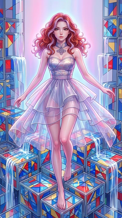 score_9, masterpiece, best quality, ultra-detailed, high-budget anime keyframe, Caucasian woman, strictly human ears. upper body close-up from the thighs up, character filling the screen for maximum presence. balancing on cubist glass blocks that cas