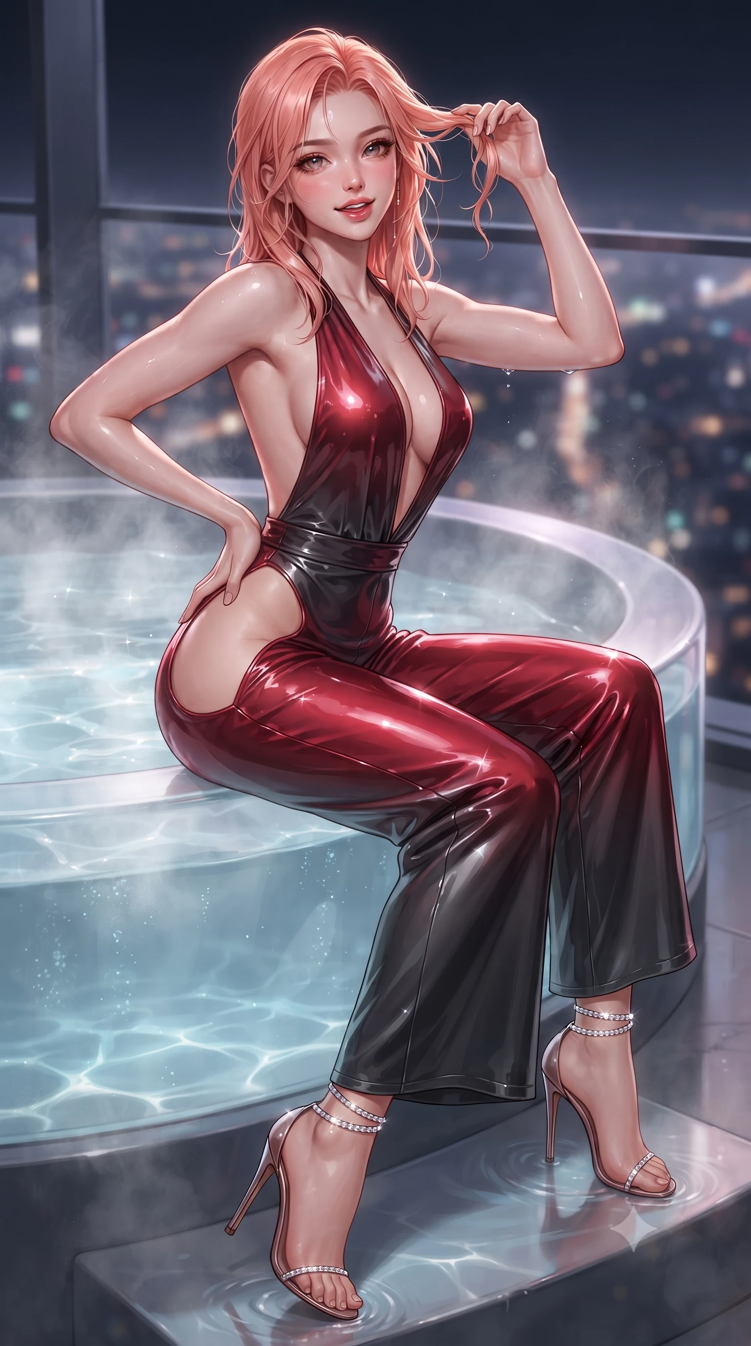 score_9, masterpiece, best quality, ultra-detailed, high-budget anime keyframe, editorial fashion photography, tasteful artistic composition, Japanese woman. close-up cowboy shot from the waist and thighs up, the character dominates the composition, filling the frame with her large presence. twisting her slender torso in an alluring contrapposto stance, one hand resting on her sculpted hip while her fingers toy with her hair with effortless poise while sitting in the steaming open-air glass jacuzzi cantilevered eighty-five floors up, arching her back with breathtaking wet-look siren grace. The background shows a soft-focus jacuzzi acrylic rim softened in dramatic high-altitude shallow focus. She has an exceptionally elegant, slender, and willowy female figure with an ultra-slim waist, flat toned midriff, narrow ribcage, and sculpted feminine hips creating an alluring, slim hourglass silhouette without bulk. sharp v-shaped jawline, high-bridge nose, sparkling eyes with hypnotic seductive depth, thick curled eyelashes, glossy parted lips with a natural dewy peach sheen, alluring bedroom-eyes with an enchanting coquettish smile, exuding magnetic siren charisma and sophisticated glamour, flawlessly proportioned anatomical accuracy, strict slender model proportions, natural body alignment, perfectly sculpted long slender limbs, ultra-slim waistline, clean dynamic posture without body distortion. wearing a backless plunge-front silk satin jumpsuit with fluid wide-leg silhouette and side hip cutouts in rich cherry lacquer and smoky charcoal, crafted from wet-look high-gloss vinyl fabric with dazzling specular surface reflections, complemented by strappy stiletto sandals with crystal ankle wraps accentuating her slender calves, the form-contouring silhouette accentuating her sculpted flat midriff, narrow delicate ribcage, and gracefully curvy hips with intoxicating allure. illuminated by tub water caustics and sharp platinum-violet rim lights defining her delicate clavicles, ultra-slim waist, and curvy hips. ultra-reflective glossy finish, specular highlights, rich textural contrasts, high-contrast stereoscopic depth, volumetric dynamic lighting, 2k, ultra detail, master piece, 9:16 ratio