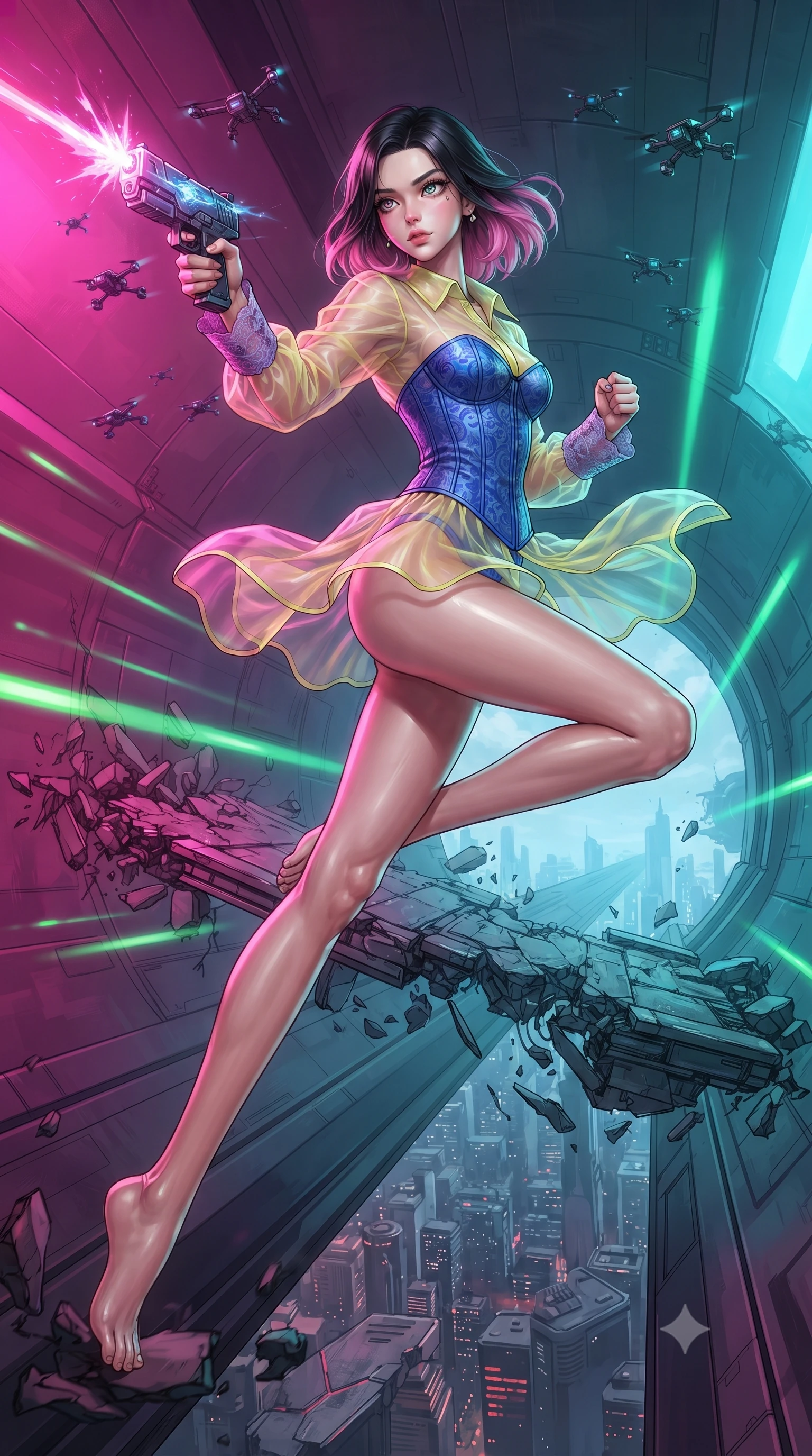 score_9, masterpiece, best quality, ultra-detailed, high-budget anime keyframe, editorial fashion photography, tasteful artistic composition, realistic cosplay photography, Korean woman. low angle full-body shot from head to toe showing her feet, filling the entire 9:16 vertical frame with her statuesque presence, stretching her vertical silhouette. leaping dynamically off a collapsing sky-bridge while firing back at security drones through inside a narrow electromagnetic launch tube, green navigation lights flashing past in a blur as the ship launches. She has a statuesque 8.5-heads proportion, an exceptionally tall, slender and willowy model-like build with impossibly long legs and a highly sculpted ultra-slim waist. sharp v-shaped jawline, high-bridge nose, intricate jewel-like eyes with depth, thick eyelashes, glossy lips with a natural sheen. wearing the lightweight fabric rippling and billowing dramatically with her movement, a slim-fit transparent organza blouse in pastel yellow with purple lace cuffs, layered over a structured cobalt blue corset. dual-tone lighting with hot magenta from the left and cool cyan from the right. ultra-reflective glossy finish, specular highlights, metallic sheen, high-contrast stereoscopic depth, volumetric dynamic lighting, 2k, ultra detail, master piece, 9:16 ratio