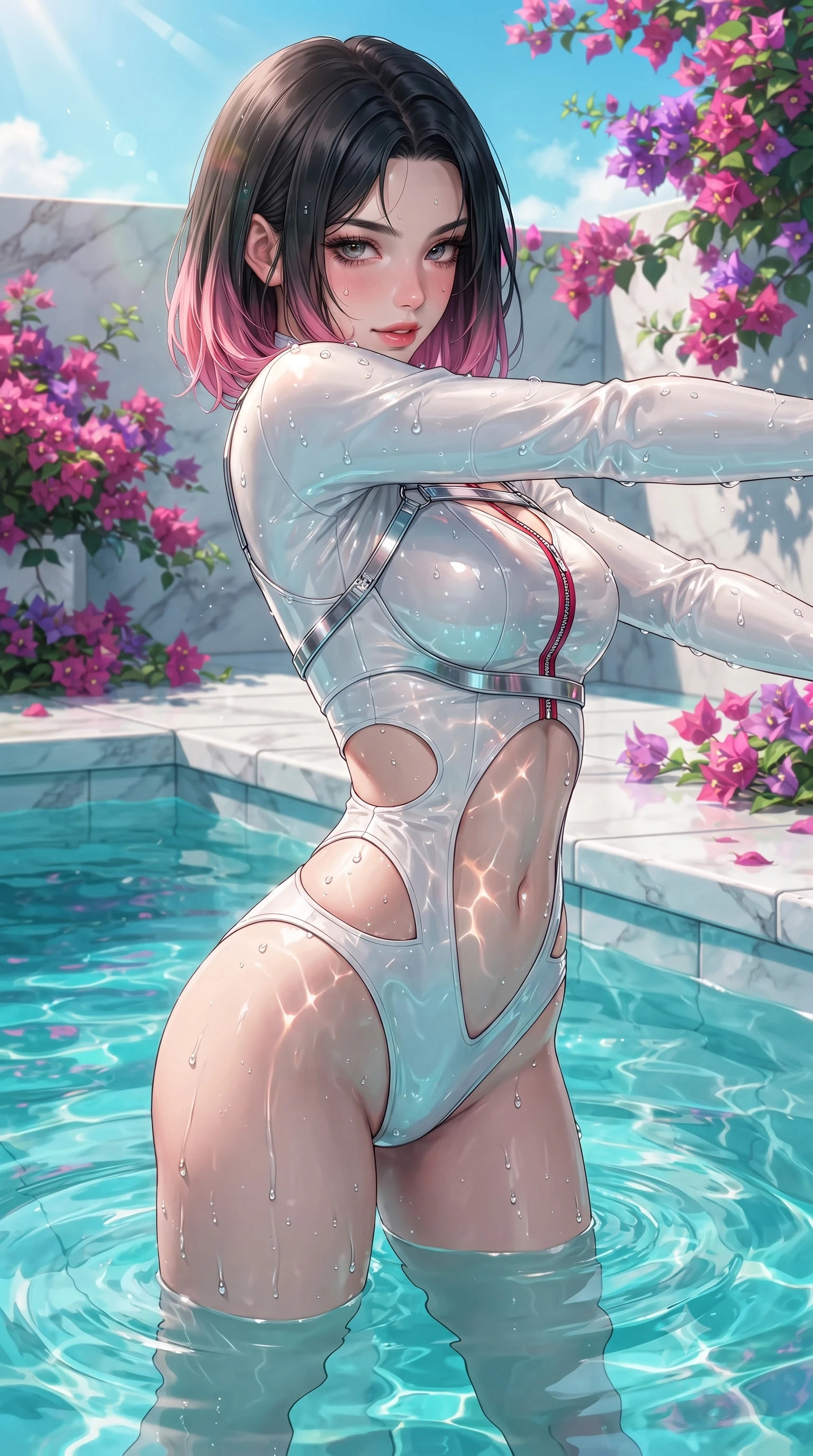score_9, masterpiece, best quality, ultra-detailed, high-budget anime keyframe, editorial fashion photography, tasteful artistic composition, Korean woman. close-up cowboy shot from the waist and thighs up, the character dominates the composition, filling the frame with her large presence. stretching forward with an alluring arch of her spine, glancing over her shoulder with thick eyelashes and a smoldering half-smile while standing waist-deep in crystal-clear turquoise pool water as radiant midday sunbeams cast dancing caustic reflections across her torso. The surrounding environment is rendered in vivid detail and crisp panoramic clarity. sharp water droplet beads, polished marble pool tiles, and vibrant bougainvillea flowers rendered in high clarity. She has an exceptionally elegant, slender, and willowy female figure with an ultra-slim waist, a gracefully sculpted slender torso, toned flat midriff, and a refined slim silhouette. sharp v-shaped jawline, high-bridge nose, intricate jewel-like eyes with depth, thick eyelashes, glossy lips with a natural sheen, flawlessly proportioned anatomical accuracy, strict slender model proportions, natural body alignment, perfectly sculpted long slender limbs, ultra-slim waistline, clean dynamic posture without body distortion. wearing a glossy white second-skin latex bodysuit with high-thigh cuts, exposed clavicle neckline, and gleaming zipper details in radiant crimson silk and crisp snow white, made of liquid metal jersey that clings flawlessly to every contour of her build, reinforced by a sleek metallic chrome harness and delicate glowing micro-straps, the precision-cut daring openings accentuating her delicate midriff, graceful bare collarbones, and ultra-slim feminine waistline. illuminated by clear sky fill light and sparkling specular highlights tracing her slender curves. ultra-reflective glossy finish, specular highlights, metallic sheen, high-contrast stereoscopic depth, volumetric dynamic lighting, 2k, ultra detail, master piece, 9:16 ratio