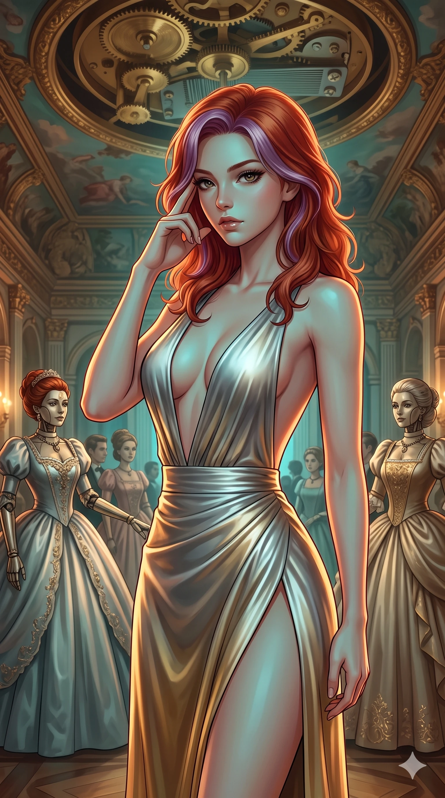 score_9, masterpiece, best quality, ultra-detailed, high-budget anime keyframe, editorial fashion photography, tasteful artistic composition, Caucasian woman, strictly human ears. close-up cowboy shot from the waist and thighs up, the character dominates the composition, filling the frame with her large presence, background elements kept in soft focus. Pressing two fingers to her temple in a composed thoughtful gesture. set against a soft-focus background of an ornate Victorian ballroom populated by elegant life-sized clockwork automatons in ball gowns with a massive gilded music box mechanism rotating slowly in the frescoed ceiling above. She has an exceptionally elegant and slender, willowy female figure with an ultra-slim waist, a gracefully sculpted slender torso, and a refined slim physique. sharp v-shaped jawline, high-bridge nose, intricate jewel-like eyes with depth, thick eyelashes, glossy lips with a natural sheen. wearing a deep plunging-V neck maxi dress in a liquid silver and gold gradient, featuring a bold open-back and a daring high slit ascending to mid-thigh. warm amber rim lighting combined with cool teal fill light creating dramatic contrast. 2k, ultra detail, master piece, 9:16 ratio