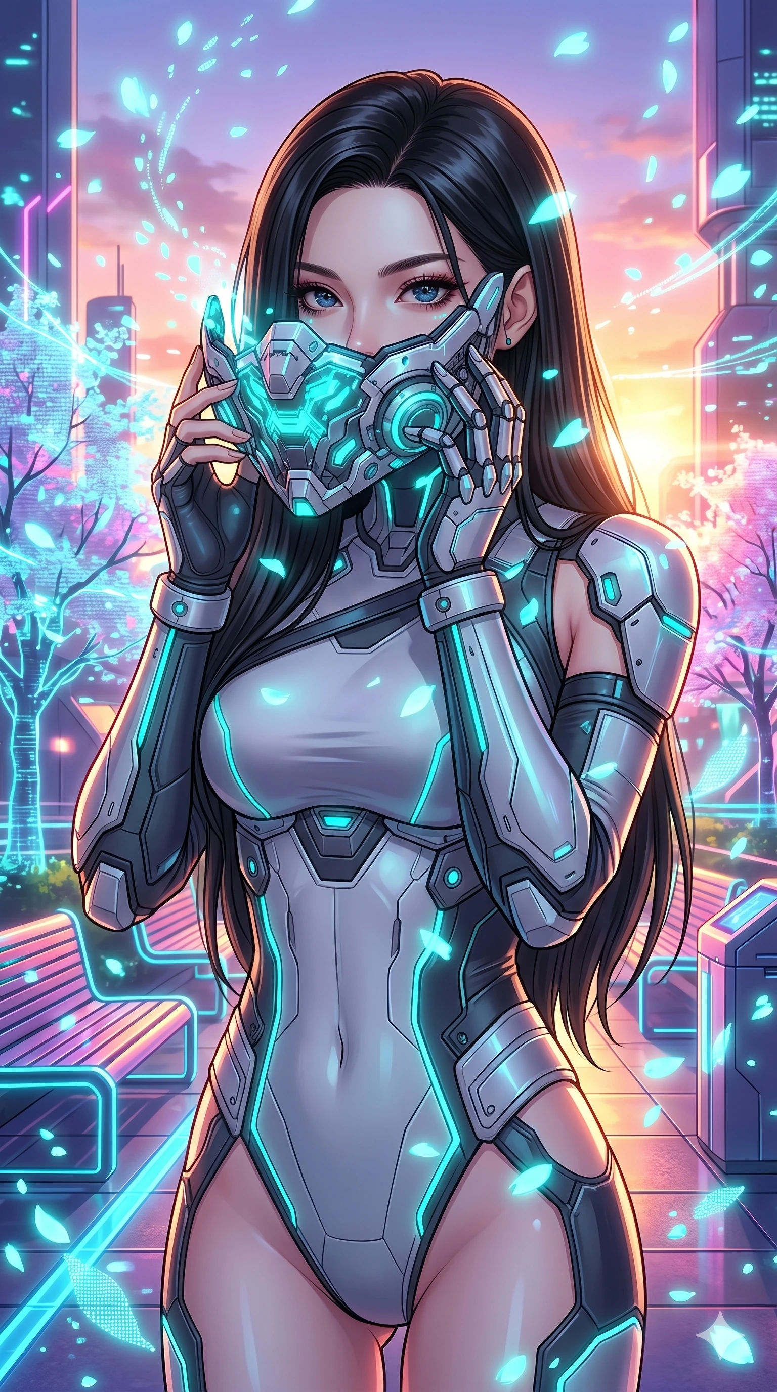 score_9, masterpiece, best quality, ultra-detailed, Set C: High-budget Anime Keyframe, Korean woman. Upper body close-up from the thighs up, character filling the screen for maximum presence. Adjusting a glowing mechanical mask as digital sakura petals blizzard around her in a futuristic park. She has an absolutely perfect 8-heads proportion, an exceptionally tall and slender female figure with an slender waist and elegant long arms. Sharp v-shaped jawline, high-bridge nose, intricate jewel-like eyes with depth, thick eyelashes, glossy lips. Wearing a Tech-Fantasy outfit: asymmetrical sleek tech-bodysuit with detached sleeves and glowing cyan seams. Background is a bright and colorful park with holographic trees and vibrant sunset lighting. 2k, ultra detail, master piece, 9:16 ratio