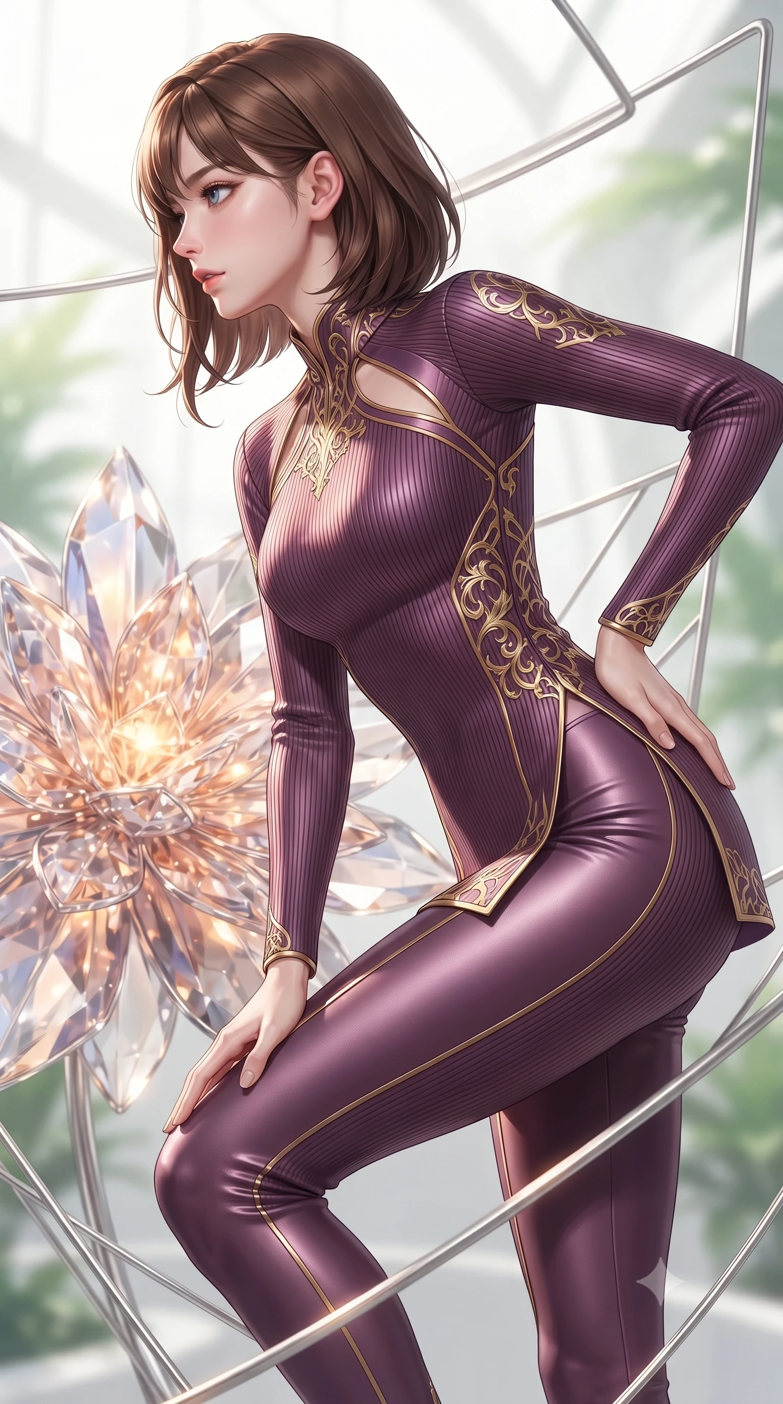 score_9, masterpiece, best quality, ultra-detailed, high-budget anime keyframe, editorial fashion photography, tasteful artistic composition, Korean woman. close-up cowboy shot from the waist and thighs up, the character dominates the composition, filling the frame with her large presence, background elements kept in soft focus. Turning her face in sharp profile while her upper body leans forward with poised athletic grace while pivoting dynamically near a solar-powered crystal blossom emitting warm ambient sunbursts, sleek platinum wire lattices creating clean architectural line frames. She has an exceptionally elegant, slender, and willowy female figure with an ultra-slim waist, a gracefully sculpted slender torso, and a refined silhouette. sharp v-shaped jawline, high-bridge nose, intricate jewel-like eyes with depth, thick eyelashes, glossy lips with a natural sheen, flawlessly proportioned anatomical accuracy, natural body alignment, perfectly sculpted elegant limbs, clean dynamic posture without body distortion. wearing a form-fitting ribbed activewear set with elegant collar cutouts in plum purple and gold filigree, made of fine carbon-fiber weave and soft matte leather, finished with a sleek side slit ascending to mid-thigh, the elegant draped fit framing her graceful clavicle and slender torso. surrounded by a bright, airy ambiance with radiant white and green highlights. ultra-reflective glossy finish, specular highlights, metallic sheen, high-contrast stereoscopic depth, volumetric dynamic lighting, 2k, ultra detail, master piece, 9:16 ratio