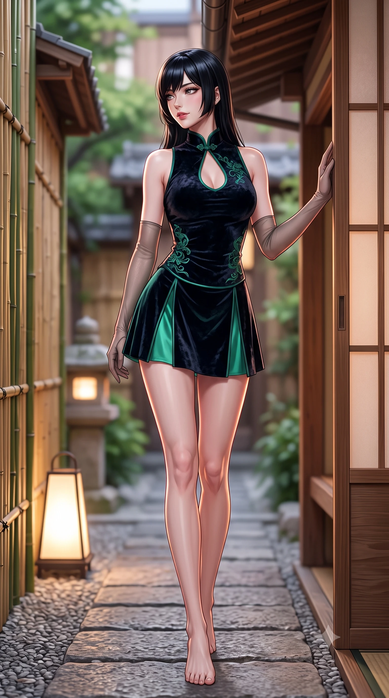 score_9, masterpiece, best quality, ultra-detailed, high-budget anime keyframe, semi-realistic 3D game render, editorial fashion photography, tasteful artistic composition, Caucasian woman. low angle full-body shot from head to toe showing her feet, filling the entire 9:16 vertical frame with her statuesque presence, stretching her vertical silhouette. walking slowly through the bamboo pathway, looking back over her shoulder with an air of effortless oriental grace and an alluring, smoldering smile while leaning against the cedar sliding doorframe with hips cocked back, looking over her shoulder with an alluring, nostalgic bedroom-gaze. The background shows a soft-focus quiet cobblestone alleys and traditional wooden eaves softened in nostalgic Tokyo spring shallow focus. She has an absolutely perfect, statuesque 8.5-heads proportion, an exceptionally tall and slender model-like female figure with impossibly long slender legs, an ultra-slim waist, a flat toned midriff, narrow delicate ribcage, and beautifully sculpted feminine hips creating a graceful, slim hourglass silhouette without any bulky heaviness. sharp v-shaped jawline, high-bridge nose, intricate jewel-like dark sparkling almond eyes with depth, thick lashes, glossy parted lips with a natural rose-plum sheen, bright alluring and coquettish smile with bedroom-eyes, exuding both timeless oriental elegance and sovereign high-fashion allure, flawlessly proportioned anatomical accuracy, strict slender model proportions, natural body alignment, perfectly sculpted long slender limbs, ultra-slim waistline, clean dynamic posture without body distortion. wearing a sleeveless modern qipao top with an elegant teardrop chest keyhole cutout paired with a curve-hugging pleated mini skirt in deep midnight obsidian and luminous imperial jade green, crafted from sumptuous crushed winter velvet with deep light-absorbing plushness, complemented by delicate sheer silk fingerless gloves reaching past her elbows, the form-contouring cut accentuating her sculpted flat midriff, narrow delicate ribcage, and gracefully curvy hips with regal oriental supermodel elegance. illuminated by garden stone lantern fills and sharp rose-gold rim lights sculpting her razor-sharp jawline, narrow waist, and curvy hips. highly saturated vibrant anime colors, detailed shading with soft gradients, rich glossy textures, high-contrast stereoscopic depth, volumetric dynamic lighting, master piece, 9:16 ratio