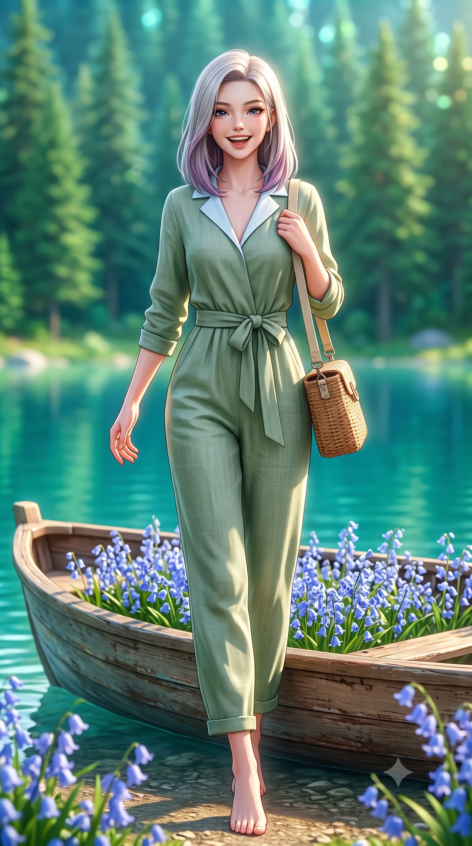 score_9, masterpiece, best quality, ultra-detailed, high-budget anime keyframe, semi-realistic 3D game render, editorial fashion photography, tasteful artistic composition, Caucasian woman. low angle full-body shot from head to toe showing her feet, filling the entire 9:16 vertical frame with her statuesque presence, stretching her vertical silhouette. stepping forward gracefully in mid-motion with a delighted cute laugh, displaying her tall slender model proportions while leaning gently against a vintage wooden rowboat filled with bluebells, casting a warm and charming gaze into the lens. The composition keeps background elements in soft focus with creamy bokeh. mirror-still turquoise lake waters and towering evergreen pine forests blurred into radiant emerald and cyan bokeh. She has an absolutely perfect, statuesque 8.5-heads proportion, an exceptionally tall and slender model-like female figure with impossibly long slender legs, a toned flat midriff, and an ultra-slim waist. sharp v-shaped jawline, high-bridge nose, intricate jewel-like eyes with depth, thick eyelashes, glossy lips with a natural sheen, pure and lovely fresh girlhood expression, flawlessly proportioned anatomical accuracy, strict slender model proportions, natural body alignment, perfectly sculpted long slender limbs, ultra-slim waistline, clean dynamic posture without body distortion. wearing a relaxed sage green linen jumpsuit with a tied waist sash and folded collar in gentle baby blue and cloud white, crafted from smooth fluid silk satin with a natural gentle sheen, accessorized with a rustic woven wicker bag and canvas strap, the body-hugging lightweight knit clinging delicately to her slender torso, accentuating her graceful neck and feminine lines. surrounded by a serene, peaceful, and breathtakingly lovely lakeside maiden aura. highly saturated vibrant anime colors, detailed shading with soft gradients, rich glossy textures, high-contrast stereoscopic depth, volumetric dynamic lighting, master piece, 9:16 ratio