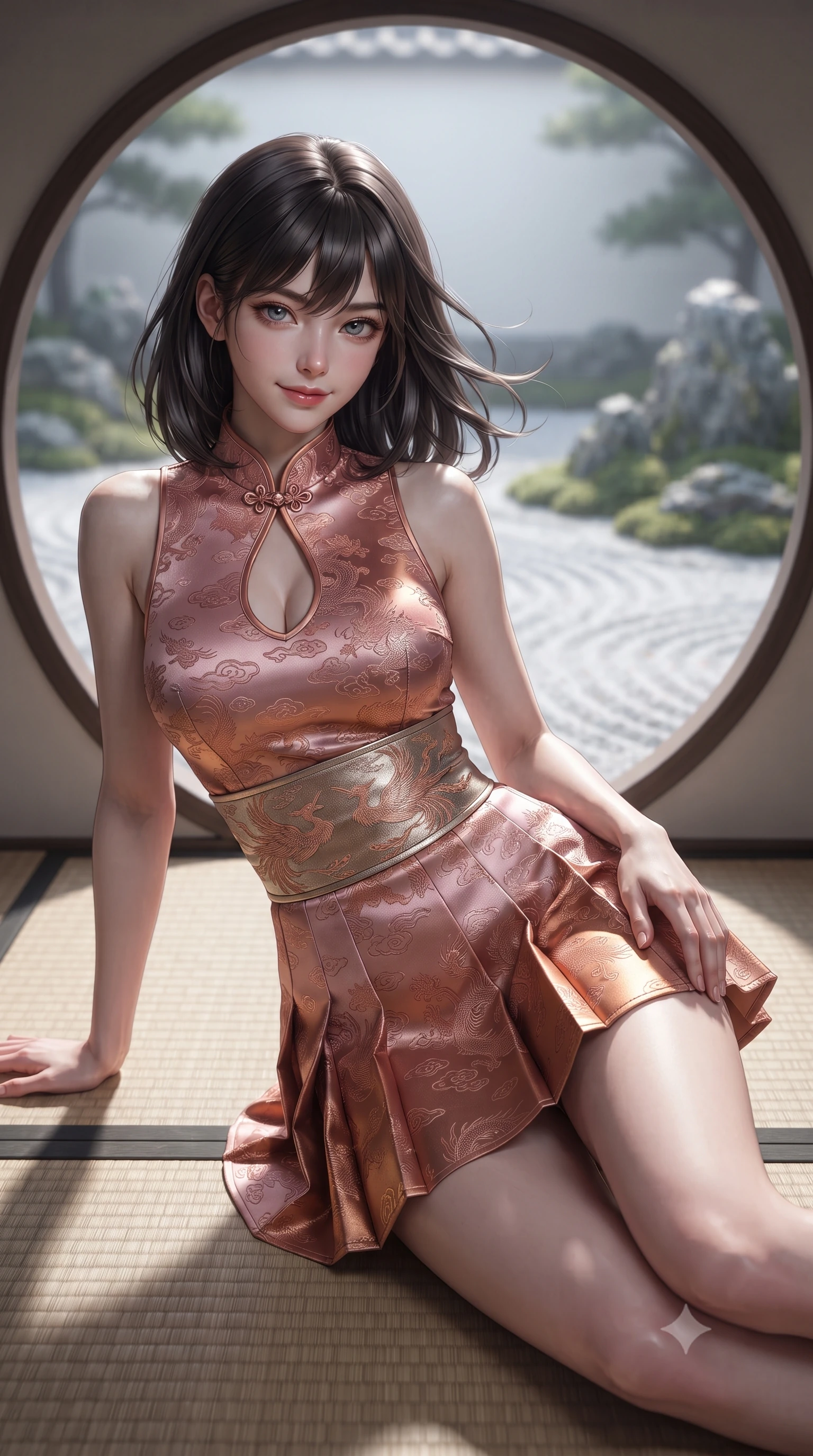 score_9, masterpiece, best quality, ultra-detailed, high-budget anime keyframe, editorial fashion photography, tasteful artistic composition, Korean woman. close-up cowboy shot from the waist and thighs up, the character dominates the composition, filling the frame with her large presence. turning slowly with a smoldering smile, her glossy dark hair tossing in the evening breeze as her hips angle gracefully in a captivating contrapposto while lounging languidly across a tatami mat propped on one elbow, her flat midriff and long slender limbs glowing in pure white moonlight. The background shows a soft-focus carefully raked white gravel wave patterns and moss-covered rock arrangements blurred into silver white, moss green, and slate bokeh. She has an exceptionally elegant, slender, and willowy female figure with an ultra-slim waist, flat toned midriff, narrow ribcage, and sculpted feminine hips creating an alluring, slim hourglass silhouette without bulk. sharp v-shaped jawline, high-bridge nose, intricate jewel-like dark sparkling almond eyes with depth, thick lashes, glossy parted lips with a natural rose-plum sheen, bright alluring and coquettish smile with bedroom-eyes, exuding both timeless oriental elegance and sovereign high-fashion allure, flawlessly proportioned anatomical accuracy, strict slender model proportions, natural body alignment, perfectly sculpted long slender limbs, ultra-slim waistline, clean dynamic posture without body distortion. wearing a sleeveless modern qipao top with an elegant teardrop chest keyhole cutout paired with a curve-hugging pleated mini skirt in dusty rose pink and burnished copper, made of rich jacquard silk with intricate embossed dragon and cloud motifs, finished with a wide metallic obi sash with intricate embroidered phoenix motifs, the high-waisted wrap tailoring accentuating her ultra-slim waistline and the enchanting curve of her feminine hips with alluring oriental charm. bathed in pristine silver moonlight pouring through the circular moon-gate aperture. ultra-reflective glossy finish, specular highlights, rich textural contrasts, high-contrast stereoscopic depth, volumetric dynamic lighting, 2k, ultra detail, master piece, 9:16 ratio