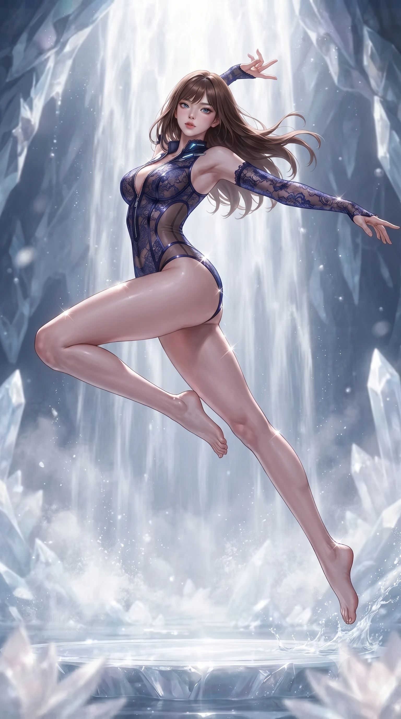 score_9, masterpiece, best quality, ultra-detailed, high-budget anime keyframe, editorial fashion photography, tasteful artistic composition, Korean woman. low angle full-body shot from head to toe showing her feet, filling the entire 9:16 vertical frame with her statuesque presence, stretching her vertical silhouette. leaping through mid-air with an athletic yet alluring arch of her spine, her impossibly long slender legs stretched in flawless poise while standing beneath a cascading waterfall of luminous white water on a submerged pearl-white crystal dais under moonlight. The composition keeps background elements in soft focus with creamy bokeh. rising water mist and crystalline grotto formations softened by luminous shallow depth of field. She has an absolutely perfect, statuesque 8.5-heads proportion, an exceptionally tall and slender model-like female figure with impossibly long slender legs, a toned flat midriff, and an ultra-slim waist. sharp v-shaped jawline, high-bridge nose, intricate jewel-like eyes with depth, thick eyelashes, glossy lips with a natural sheen, flawlessly proportioned anatomical accuracy, strict slender model proportions, natural body alignment, perfectly sculpted long slender limbs, ultra-slim waistline, clean dynamic posture without body distortion. wearing a sheer dark lace pattern bodysuit with structured corsetry boning, sheer contouring side panels, and detached lace sleeves in deep royal navy blue and specular chrome, made of smooth iridescent silk chiffon that shifts colors with movement, featuring a dangerously unzipped neckline framed by glowing cybernetic accents, the sleek second-skin cut tightly hugging her graceful clavicle, narrow waist, and feminine curves with athletic precision. illuminated by soft glowing pearl lotus uplights and sparkling specular highlights tracing her curves. ultra-reflective glossy finish, specular highlights, metallic sheen, high-contrast stereoscopic depth, volumetric dynamic lighting, 2k, ultra detail, master piece, 9:16 ratio