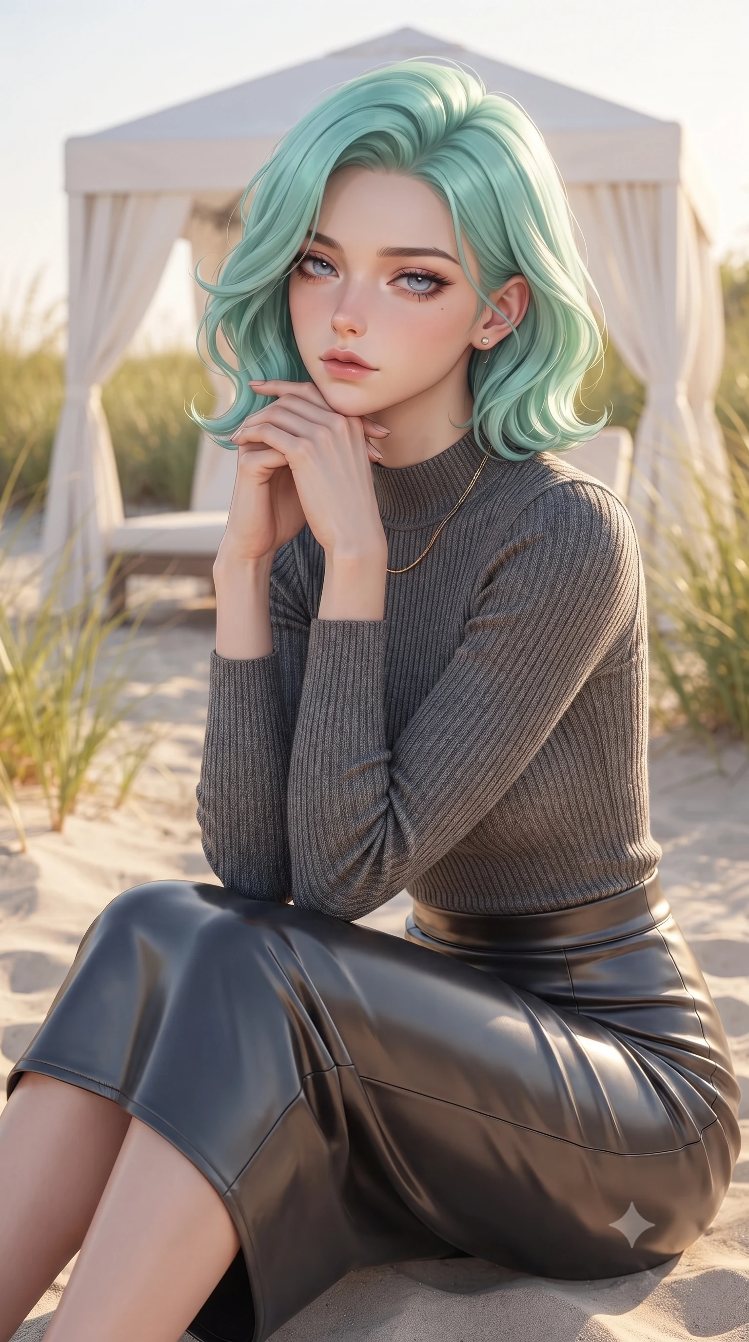score_9, masterpiece, best quality, ultra-detailed, high-budget anime keyframe, editorial fashion photography, tasteful artistic composition, Japanese woman woman. close-up cowboy shot from the waist and thighs up, the character dominates the composition, filling the frame with her large presence, background elements kept in soft focus. resting her chin on the backs of her fingers, casting a heavy-lidded, sultry look past the camera the background shows a soft-focus a white canopy tent on a quiet beach resort, surrounded by tall beachgrass. She has an exceptionally elegant, slender, and willowy female figure with an ultra-slim waist, a gracefully sculpted slender torso, and a refined silhouette. sharp v-shaped jawline, high-bridge nose, intricate jewel-like eyes with depth, thick eyelashes, glossy lips with a natural sheen. wearing a form-contouring body-hugging knit top in charcoal grey, paired with a tight-fitting leather midi skirt. warm golden afternoon sunlight bathing the sands in a soft glow. ultra-reflective glossy finish, specular highlights, metallic sheen, high-contrast stereoscopic depth, volumetric dynamic lighting, 2k, ultra detail, master piece, 9:16 ratio