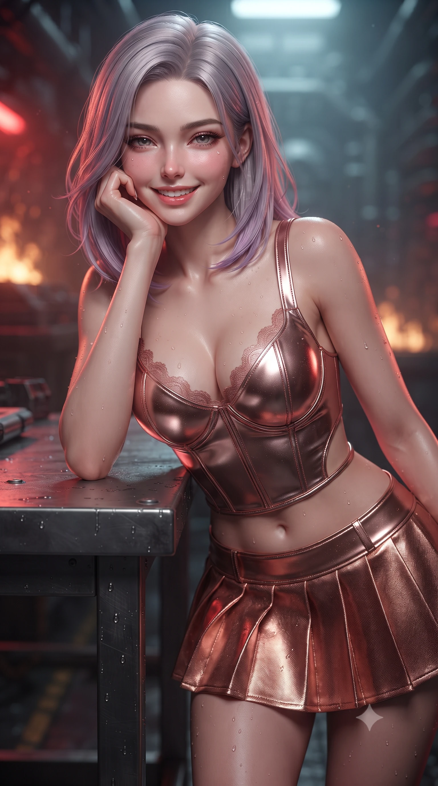 score_9, masterpiece, best quality, ultra-detailed, high-budget anime keyframe, editorial fashion photography, tasteful artistic composition, Caucasian woman. close-up cowboy shot from the waist and thighs up, the character dominates the composition, filling the frame with her large presence. resting one elbow on the table and supporting her chin, leaning close to the camera with heavy-lidded sparkling eyes and parted lips while twisting her slender torso in an alluring contrapposto stance, red tactical emergency lights and golden vent fires playing across her narrow waist and curvy hips. The background shows a soft-focus condensing humidity droplets softened in deep-sea combat submarine bay shallow focus. She has an exceptionally elegant, slender, and willowy female figure with an ultra-slim waist, flat toned midriff, narrow ribcage, and sculpted feminine hips creating an alluring, slim hourglass silhouette without bulk. sharp v-shaped jawline, high-bridge nose, intricate jewel-like sparkling eyes with depth, thick eyelashes, glossy parted lips with a natural peach sheen, bright cheerful beaming smile with an enchanting and coquettish sensual glint, exuding both youthful cute charm and seductive allure, flawlessly proportioned anatomical accuracy, strict slender model proportions, natural body alignment, perfectly sculpted long slender limbs, ultra-slim waistline, clean dynamic posture without body distortion. wearing a chrome-plated tactical combat bustier top with reinforced underwire paired with a low-rise pleated micro combat skirt in high-gloss rose-gold and burnished copper, woven from stretch metallic lurex jersey casting radiant starlight glints across her curves, finished with scalloped eyelash lace trim framing her sweetheart neckline with intimate elegance, the precision-cut side openings and low-back scoop framing her graceful spine and the sensual sweep of her slim, toned hips. bathed in moody 660nm deep red tactical battle stations lighting mixed with golden geothermal exterior fires. ultra-reflective glossy finish, specular highlights, rich textural contrasts, high-contrast stereoscopic depth, volumetric dynamic lighting, 2k, ultra detail, master piece, 9:16 ratio