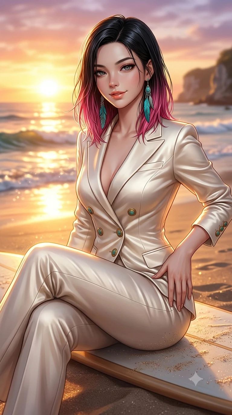 score_9, masterpiece, best quality, ultra-detailed, high-budget anime keyframe, semi-realistic 3D game render, editorial fashion photography, tasteful artistic composition, Korean woman. close-up cowboy shot from the waist and thighs up, the character dominates the composition, filling the frame with her large presence. tilting her head with a teasing half-smile, running one hand slowly down the side of her hip in a flirtatious S-curve as ambient light caresses her silhouette while sitting perched on the surfboard laid flat on the sand with legs crossed, shaking wet hair with carefree seductive cool and bedroom-eyes. The background shows a soft-focus rolling sunset surf waves, limestone cove cliffs, and fiery orange evening sky blurred into coral, lavender, and honey bokeh. She has an exceptionally elegant, slender, and willowy female figure with an ultra-slim waist, flat toned midriff, narrow ribcage, and sculpted feminine hips creating an alluring, slim hourglass silhouette without bulk. sharp v-shaped jawline, high-bridge nose, sparkling eyes with hypnotic seductive depth, thick curled eyelashes, glossy parted lips with a natural dewy peach sheen, alluring bedroom-eyes with an enchanting coquettish smile, exuding magnetic siren charisma and sophisticated glamour, flawlessly proportioned anatomical accuracy, strict slender model proportions, natural body alignment, perfectly sculpted long slender limbs, ultra-slim waistline, clean dynamic posture without body distortion. wearing a structured Riviera tailored pantsuit in liquid ivory silk with golden nautical button accents in turquoise patina and burnished vintage brass, tailored from second-skin technical compression neoprene with athletic curve-sculpting stretch, accented with turquoise and silver bohemian feather earrings swaying near her bare neck, the bespoke structured tailoring following the natural line of her 8.5-heads silhouette with refined elegance. bathed in molten golden hour sunset light washing horizontally across the ocean surface with blinding specular highlights. highly saturated vibrant anime colors, detailed shading with soft gradients, rich glossy textures, high-contrast stereoscopic depth, volumetric dynamic lighting, master piece, 9:16 ratio