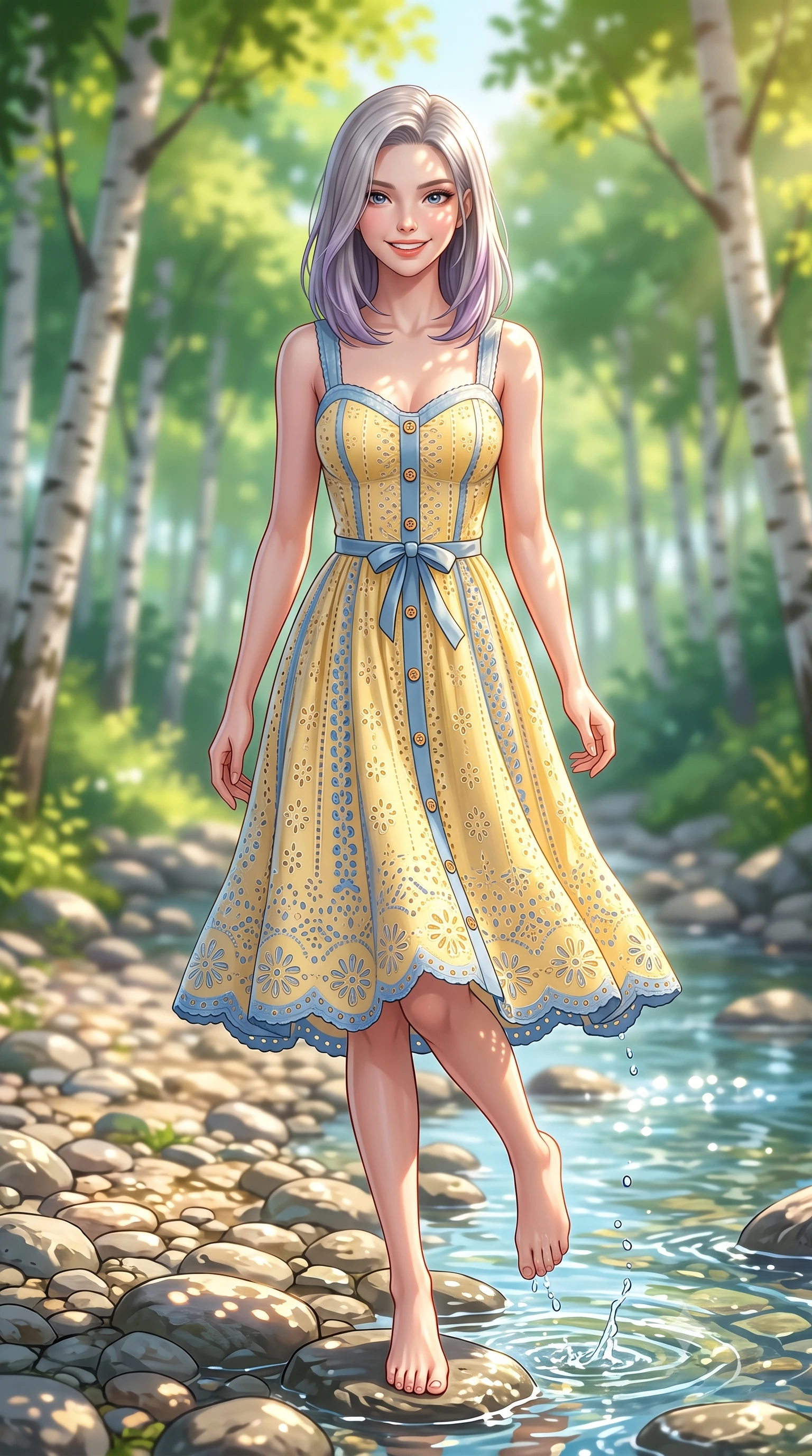 score_9, masterpiece, best quality, ultra-detailed, high-budget anime keyframe, semi-realistic 3D game render, editorial fashion photography, tasteful artistic composition, Caucasian woman. low angle full-body shot from head to toe showing her feet, filling the entire 9:16 vertical frame with her statuesque presence, stretching her vertical silhouette. walking forward in a cheerful, dynamic stride with a radiant beaming smile, her statuesque silhouette filling the frame while sitting on a smooth river stone dangling her bare feet near the sparkling water, smiling sweetly into the lens. The composition keeps background elements in soft focus with creamy bokeh. slender white birch tree trunks and sunlit green forest canopies blurred into dreamy emerald and golden bokeh. She has an absolutely perfect, statuesque 8.5-heads proportion, an exceptionally tall and slender model-like female figure with impossibly long slender legs, a toned flat midriff, and an ultra-slim waist. sharp v-shaped jawline, high-bridge nose, intricate jewel-like eyes with depth, thick eyelashes, glossy lips with a natural sheen, pure and lovely fresh girlhood expression, flawlessly proportioned anatomical accuracy, strict slender model proportions, natural body alignment, perfectly sculpted long slender limbs, ultra-slim waistline, clean dynamic posture without body distortion. wearing an airy eyelet lace cotton midi dress with a sweetheart neckline and wooden front buttons in sunny daffodil yellow and french blue, knitted from ultra-soft cozy baby-cashmere yarn, accented with a dainty ribbon bow at the waistline, the chic real-way fashion cut emphasizing her effortless charm, flat midriff, and slender model proportions. illuminated by soft natural dappled forest light creating playful sun patterns across her face and dress. highly saturated vibrant anime colors, detailed shading with soft gradients, rich glossy textures, high-contrast stereoscopic depth, volumetric dynamic lighting, master piece, 9:16 ratio