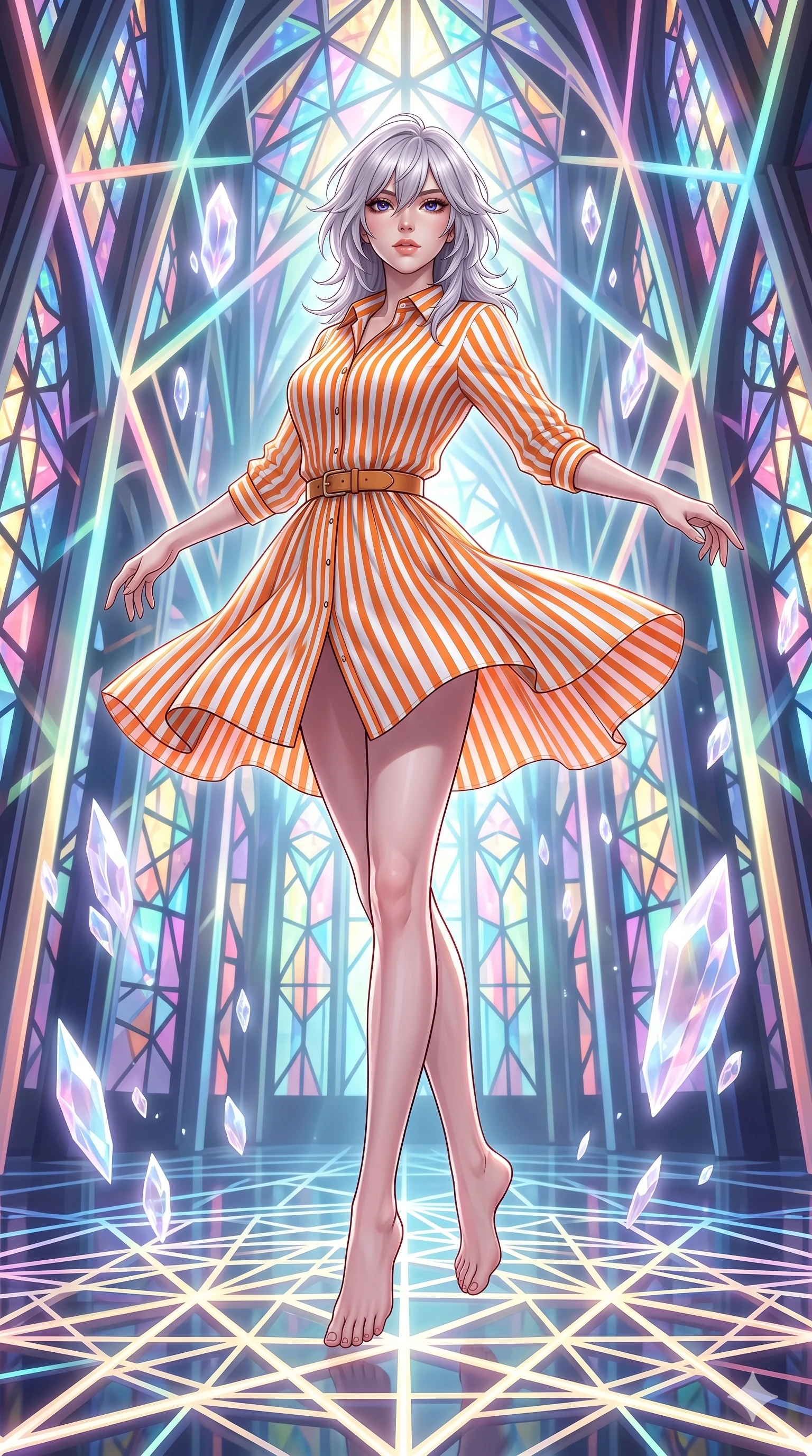 score_9, masterpiece, best quality, ultra-detailed, high-budget anime keyframe, editorial fashion photography, tasteful artistic composition, Japanese woman. low angle full-body shot from head to toe showing her feet, filling the entire 9:16 vertical frame with her statuesque presence, stretching her vertical silhouette. pirouetting mid-air inside a massive cathedral whose walls and vaulted ceiling are constructed entirely from intersecting beams of colored structured light forming geometric stained-glass patterns that hover without physical support. She has a statuesque 8.5-heads proportion, an exceptionally tall, slender and willowy model-like build with impossibly long legs and a highly sculpted ultra-slim waist. sharp v-shaped jawline, high-bridge nose, intricate jewel-like eyes with depth, thick eyelashes, glossy lips with a natural sheen. wearing a crisp poplin shirt dress in vibrant orange and white vertical stripes, cinched at the waist with a tan leather belt. ethereal pearlescent light emanating from floating crystalline formations all around. 2k, ultra detail, master piece, 9:16 ratio