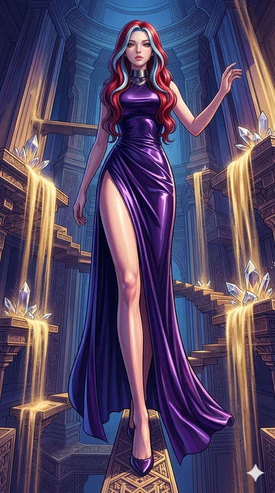 score_9, masterpiece, best quality, ultra-detailed, high-budget anime keyframe, Caucasian woman, strictly human ears. low angle full-body shot filling the entire 9:16 frame with her statuesque presence, stretching the vertical silhouette. descending 