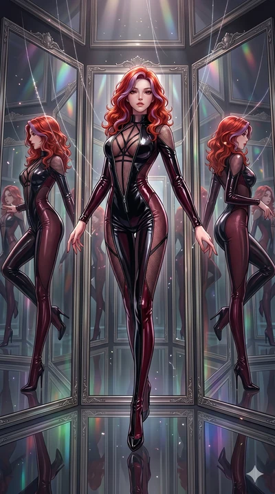 score_9, masterpiece, best quality, ultra-detailed, High-budget Anime Keyframe, East Asian woman. Dynamic full-body shot stretching the vertical silhouette to the limit. Scenario 286: Suspended by invisible silk threads in a hall of mirrors. Her pres
