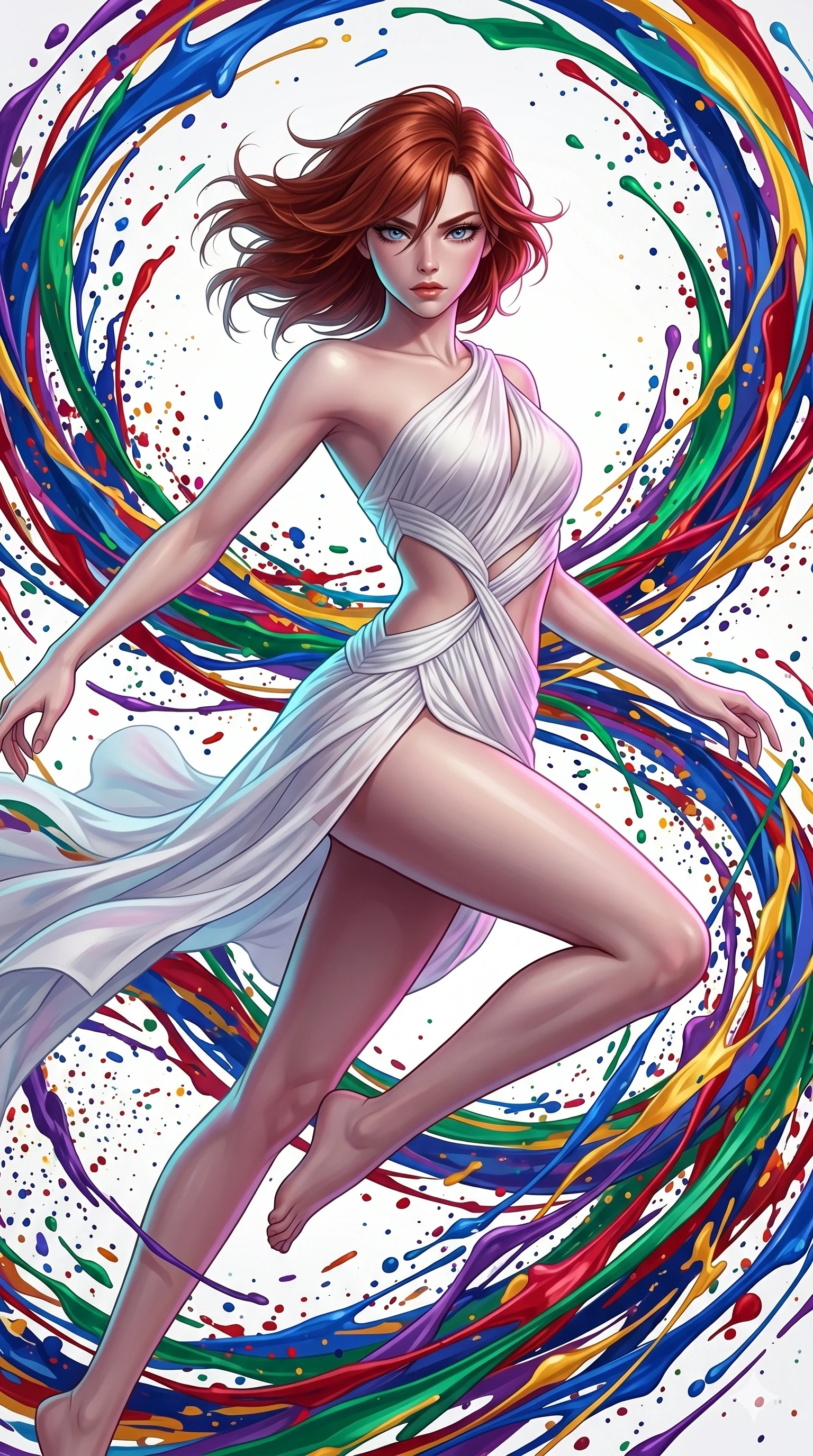 score_9, masterpiece, best quality, ultra-detailed, high-budget anime keyframe, Japanese woman. upper body close-up from the thighs up, character filling the screen for maximum presence. leaping into a vorticist paint splatter dimension where thousands of vivid acrylic paint ribbons and splatters swirl around her in a white gallery void. She has an absolutely perfect 8-heads proportion, an exceptionally tall and slender female figure with impossibly long slender legs and an ultra-slim waist. V-shaped jawline, high-bridge nose, intricate jewel-like eyes with depth, thick eyelashes, glossy lips with a natural sheen.. wearing an asymmetric chiffon draped couture mini dress, featuring draped white chiffon fabric twisting around her body with elegant diamond cutouts on the waist. bathed in brilliant cinematic volumetric lighting and intense neon rim light highlighting her slender form. 2k, ultra detail, master piece, 9:16 ratio