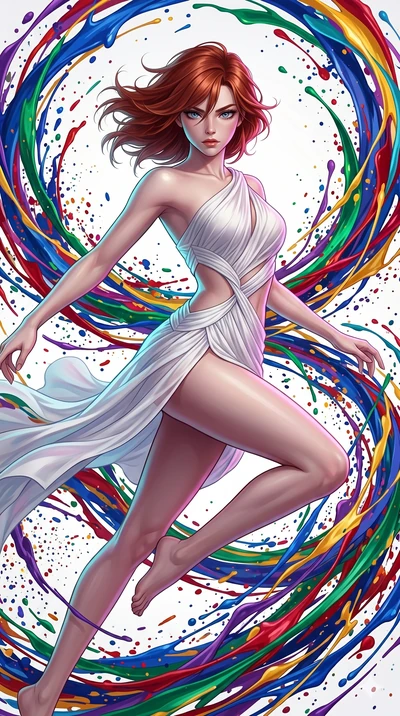 score_9, masterpiece, best quality, ultra-detailed, high-budget anime keyframe, Japanese woman. upper body close-up from the thighs up, character filling the screen for maximum presence. leaping into a vorticist paint splatter dimension where thousan