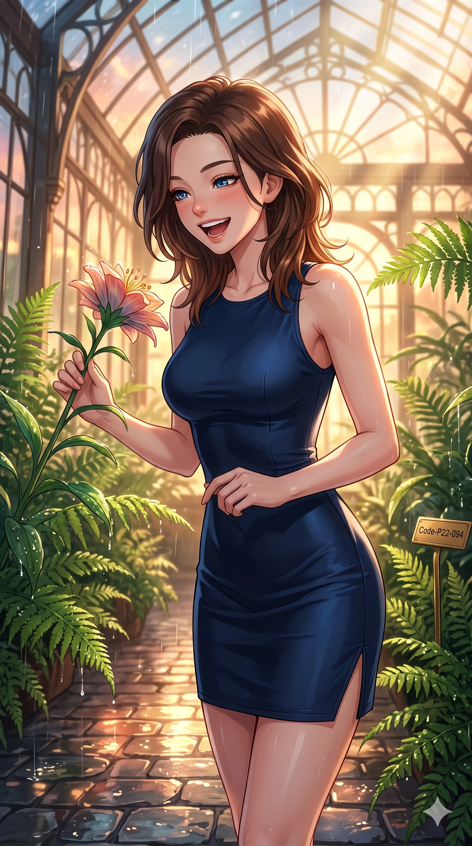 score_9, masterpiece, best quality, ultra-detailed, high-budget anime keyframe, vibrant anime aesthetic, Korean woman. close-up cowboy shot from the waist and thighs up, the character dominates the composition, filling the frame with her large presence, background elements kept in soft focus. She is laughing happily while looking down at a blooming rain-drenched flower, her eyes glowing with lively energy standing amidst vibrant green ferns. inside an elegant art-nouveau conservatory filled with lush ferns, under a sun shower with volumetric light beams (Code-P22-094). She has an absolutely perfect proportion, an exceptionally elegant and slender female figure with an ultra-slim waist. V-shaped jawline, high-bridge nose, intricate jewel-like eyes with depth, thick eyelashes, glossy lips with a natural sheen. wearing a sleek bodycon dress featuring refined side vent accents in midnight blue. She is bathed in glowing sunset light reflecting off wet cobblestones, creating a warm, inviting, and atmospheric glow inside the glass pavilion. 2k, ultra detail, master piece, 9:16 ratio