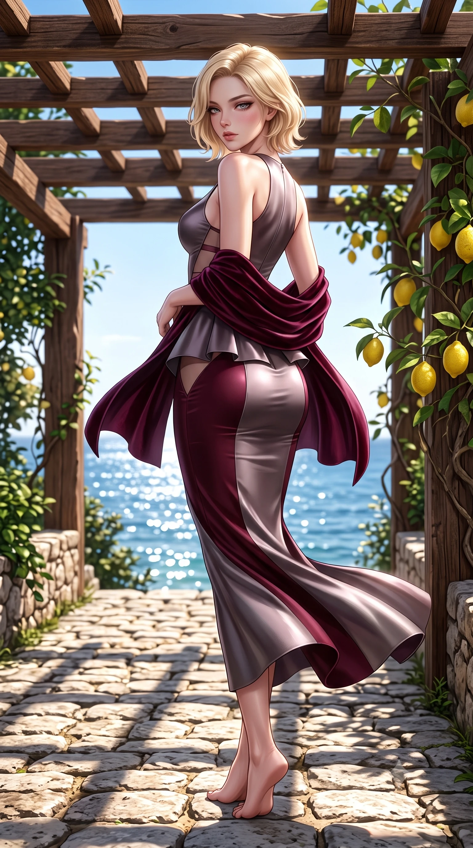 score_9, masterpiece, best quality, ultra-detailed, high-budget anime keyframe, semi-realistic 3D game render, editorial fashion photography, tasteful artistic composition, Caucasian woman. low angle full-body shot from head to toe showing her feet, filling the entire 9:16 vertical frame with her statuesque presence, stretching her vertical silhouette. posing with back turned slightly to the lens, glancing back with smoldering allure as she arches her lower back to emphasize her sculpted feminine hips and slender waist while standing poised on the sun-dappled cobblestone path, twisting her slender torso in an alluring contrapposto stance as the Mediterranean breeze flutters her dress. The surrounding environment is rendered in vivid detail and crisp panoramic clarity. sharp rustic chestnut wood pergola beams, rough limestone paving stones, and lemon rind texture in deep focus. She has an exceptionally tall and slender model-like 8.5-heads proportion, an ultra-slim waist, a flat toned midriff, narrow delicate ribcage, and beautifully sculpted feminine hips creating a graceful, slim hourglass silhouette without any bulky heaviness, with impossibly long slender legs. sharp v-shaped jawline, high-bridge nose, intricate jewel-like eyes with depth, thick eyelashes, glossy parted lips with a natural sheen, intensely captivating and seductive bedroom-eyes expression, flawlessly proportioned anatomical accuracy, strict slender model proportions, natural body alignment, perfectly sculpted long slender limbs, ultra-slim waistline, clean dynamic posture without body distortion. wearing a structural geometric peplum gown with sheer side-ribbon cutouts and form-fitting skirt in deep wine burgundy and brushed dark platinum, tailored from ultra-smooth duchess satin with a pearlescent sheen, complemented by a plush velvet shawl draped loosely over her elbows, the liquid-tight tailored fabric clinging flawlessly to her narrow waist and rounded feminine hips, emphasizing every millimeter of her sculpted slim hourglass curves without any bulky heaviness. illuminated by intense specular sea surface glints defining her sculpted collarbones, narrow waist, and curvy hips. highly saturated vibrant anime colors, detailed shading with soft gradients, rich glossy textures, high-contrast stereoscopic depth, volumetric dynamic lighting, master piece, 9:16 ratio