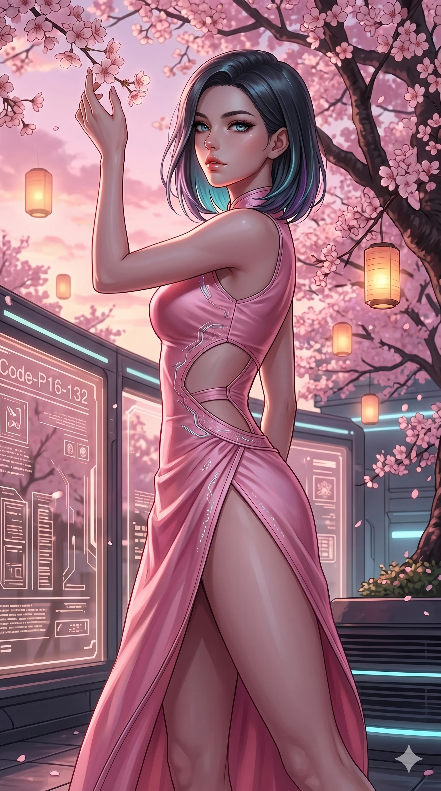 score_9, masterpiece, best quality, ultra-detailed, high-budget anime keyframe, editorial fashion photography, tasteful artistic composition, Caucasian woman, strictly human ears. cowboy shot from the thighs up, character and outfit filling the frame for maximum editorial presence. reaching up to touch a cherry blossom, looking over her shoulder with a magnetic, sultry gaze standing under a blooming cherry tree in a modern cyber-garden (Code-P16-132). She has an absolutely perfect 8-heads proportion, an exceptionally tall and slender female figure with impossibly long slender legs and an ultra-slim waist. V-shaped jawline, high-bridge nose, intricate jewel-like eyes with depth, thick eyelashes, glossy lips with a natural sheen. wearing a modern fusion pink silk hanbok dress with side cutouts and a high-slit wrap skirt. soft pink sunset glow mixed with warm lantern light, tracing her jawline and lips. 2k, ultra detail, master piece, 9:16 ratio