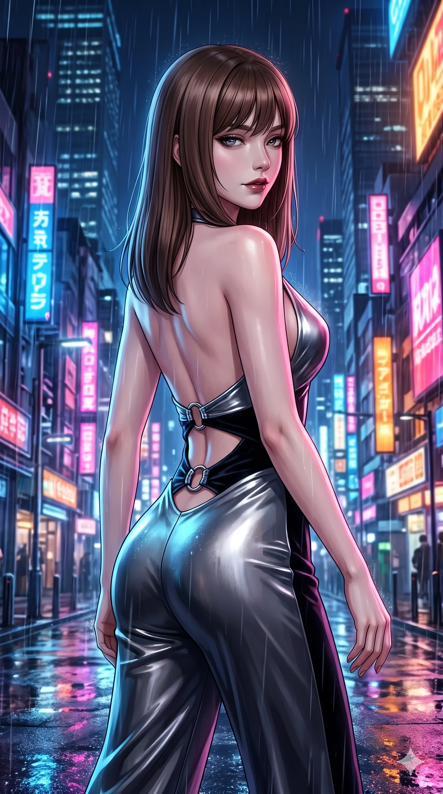 score_9, masterpiece, best quality, ultra-detailed, high-budget anime keyframe, semi-realistic 3D game render, editorial fashion photography, tasteful artistic composition, Korean woman. close-up cowboy shot from the waist and thighs up, the character dominates the composition, filling the frame with her large presence. posing in an alluring rear three-quarter angle, turning over a bare shoulder with an intoxicating, smoldering gaze, her hips cocked back to highlight her slim hourglass curve while stepping forward into the rain-streaked neon light, head tilted slightly as her smoldering gaze captivates the lens. The surrounding environment is rendered in vivid detail and crisp panoramic clarity: detailed metallic leather mini dress cling, liquid mercury sheen, and modern Japanese cityscape in razor-sharp clarity. She has an exceptionally elegant, slender, and willowy female figure with an ultra-slim waist, flat toned midriff, narrow ribcage, and sculpted feminine hips creating an alluring, slim hourglass silhouette without bulk. sharp v-shaped jawline, high-bridge nose, intricate jewel-like dark sparkling eyes with dangerous depth, thick curled eyelashes, glossy parted lips with a rich wine sheen, smoldering seductive half-smile with bedroom-eyes, exuding effortless superiority and intoxicating dark allure, flawlessly proportioned anatomical accuracy, strict slender model proportions, natural body alignment, perfectly sculpted long slender limbs, ultra-slim waistline, clean dynamic posture without body distortion. wearing a plunge-front tailored velvet halter jumpsuit with wide fluid legs and backless scoop in metallic liquid silver and pitch black, tailored from heavy double-faced silk georgette with an exceptionally fluid drape, accented with sculptural chrome hardware rings framing the subtle cutouts, the bespoke structured tailoring following the natural line of her 8.5-heads silhouette with refined elegance. bathed in multi-colored cybernetic neon floods shifting between cobalt blue, hot pink, and radiant amber. highly saturated vibrant anime colors, detailed shading with soft gradients, rich glossy textures, high-contrast stereoscopic depth, volumetric dynamic lighting, master piece, 9:16 ratio