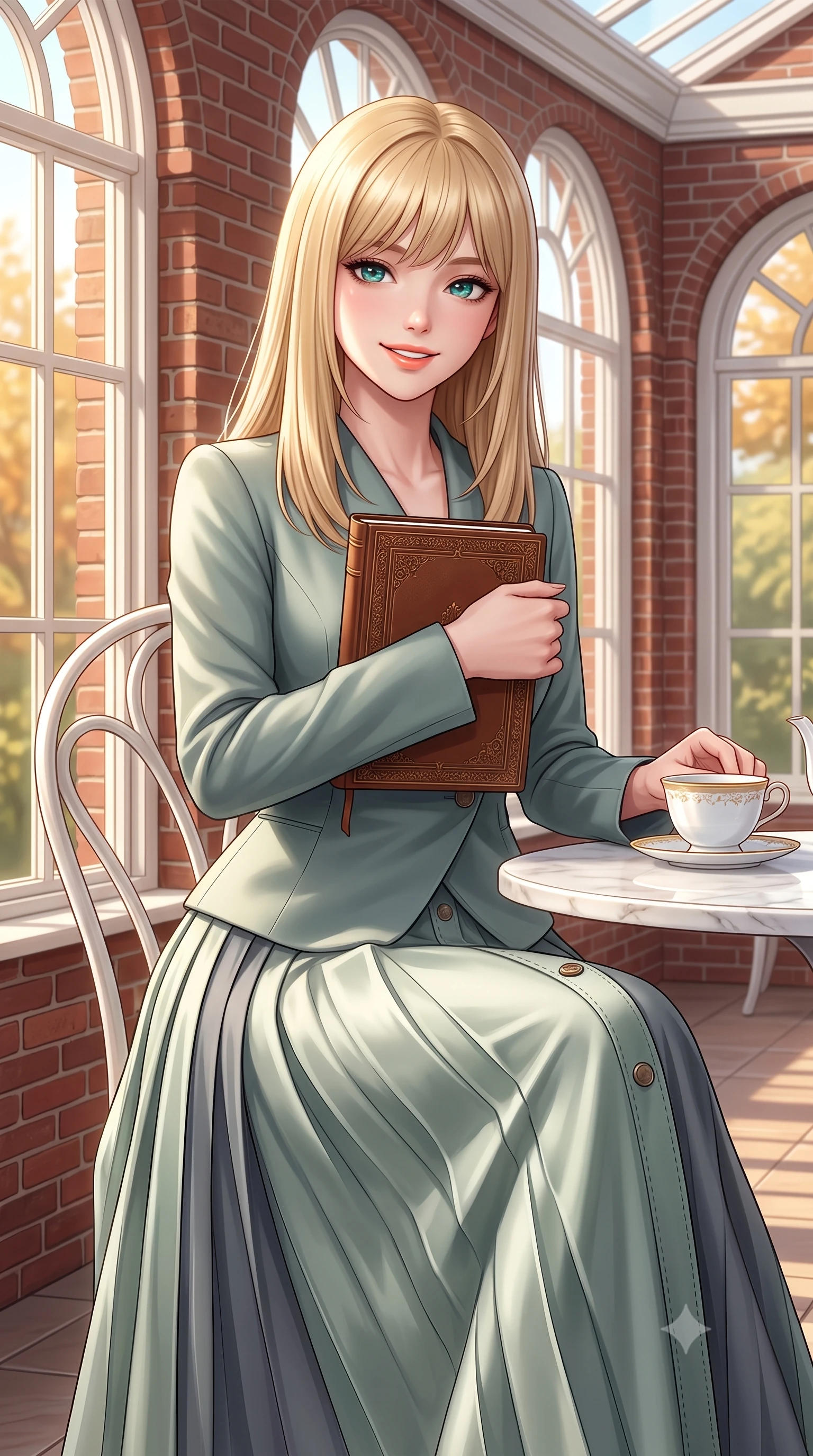 score_9, masterpiece, best quality, ultra-detailed, high-budget anime keyframe, semi-realistic 3D game render, editorial fashion photography, tasteful artistic composition, Japanese woman. close-up cowboy shot from the waist and thighs up, the character dominates the composition, filling the frame with her large presence. holding a leather notebook close to her chest with both arms, smiling delightfully with youthful scholarly grace while sitting poised at a white marble conservatory tea table with hands resting gently on a porcelain cup, exuding high-society grace. The surrounding environment is rendered in vivid detail and crisp panoramic clarity: sharp red-brick masonry relief, delicate white painted window mullions, and fine porcelain teacup glaze in deep focus. She has an exceptionally elegant, slender, and willowy female figure with an ultra-slim waist, flat toned midriff, narrow ribcage, and sculpted feminine hips creating an alluring, slim hourglass silhouette without bulk. sharp v-shaped jawline, high-bridge nose, intricate jewel-like sparkling eyes with depth, thick eyelashes, glossy parted lips with a natural peach sheen, bright cheerful beaming smile with an enchanting and coquettish sensual glint, exuding both youthful cute charm and seductive allure, flawlessly proportioned anatomical accuracy, strict slender model proportions, natural body alignment, perfectly sculpted long slender limbs, ultra-slim waistline, clean dynamic posture without body distortion. wearing an asymmetrical-wrap tailored wool jacket with clean geometric lines paired with a structured pleated maxi skirt in misty Arashiyama bamboo green and slate grey, crafted from fluid mulberry silk twill with an understated lustrous pearl finish, featuring delicate tonal horn buttons and meticulous hand-stitched pick-lapel borders, the expertly draped wool fabric falling in crisp fluid lines along her tall 8.5-heads silhouette, celebrating her slender frame without excess fabric bulk. bathed in warm 3200K autumn sunlight streaming through floor-to-ceiling arched south-facing conservatory windows. highly saturated vibrant anime colors, detailed shading with soft gradients, rich glossy textures, high-contrast stereoscopic depth, volumetric dynamic lighting, master piece, 9:16 ratio