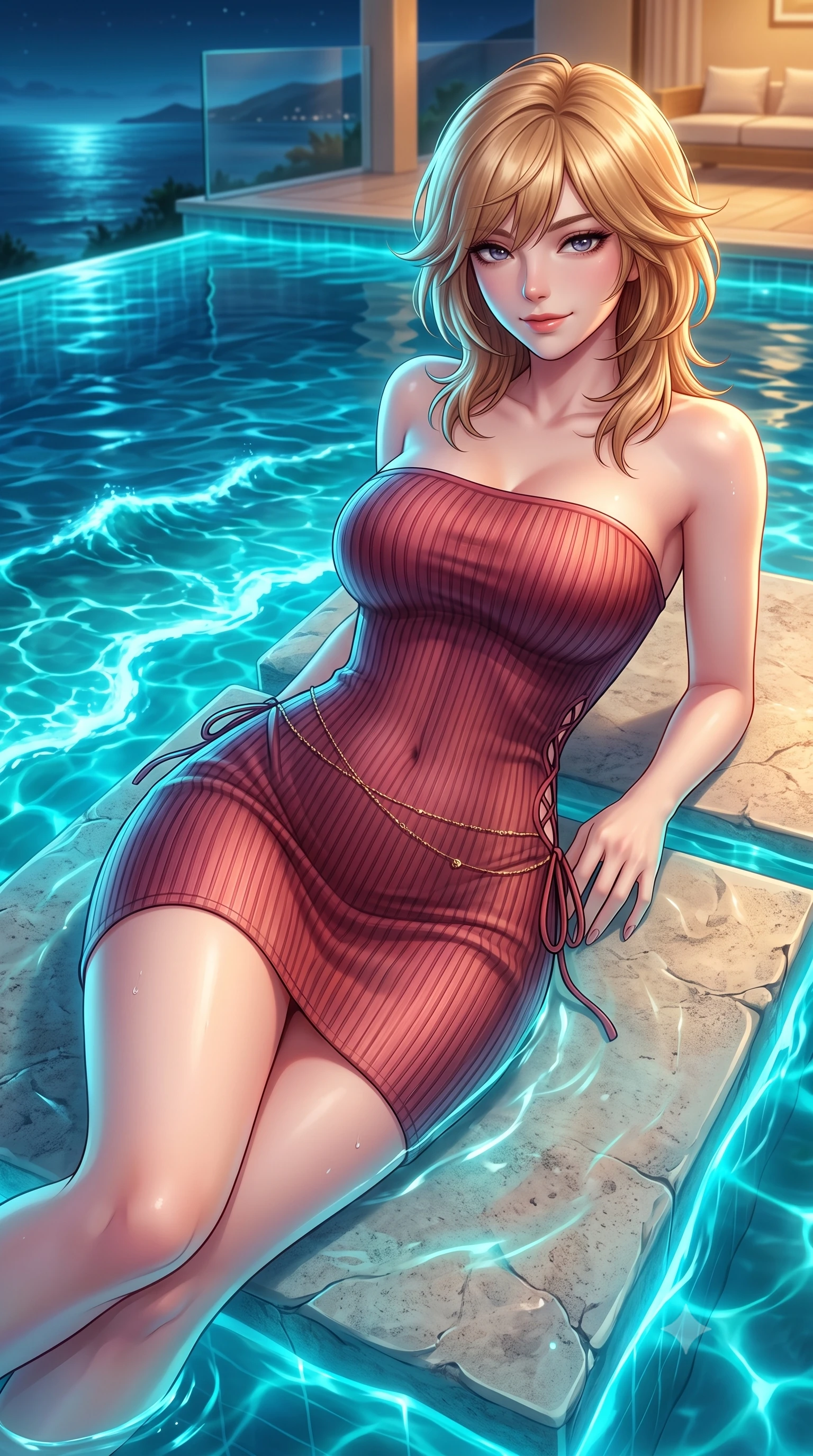 score_9, masterpiece, best quality, ultra-detailed, high-budget anime keyframe, semi-realistic 3D game render, editorial fashion photography, tasteful artistic composition, Korean woman. close-up cowboy shot from the waist and thighs up, the character dominates the composition, filling the frame with her large presence. turning slowly with an enchanting smoldering smile, her dewy hair brushing bare shoulders as her hips angle gracefully in a captivating contrapposto while lounging on the submerged pool tanning shelf propped on one elbow, her flat midriff and long slender limbs commanding the moonlit coastal vista. The surrounding environment is rendered in vivid detail and crisp panoramic clarity: sharp glass infinity edge rim reflections, limestone texture, and glowing bioluminescent wave crests in deep focus. She has an exceptionally elegant, slender, and willowy female figure with an ultra-slim waist, flat toned midriff, narrow ribcage, and sculpted feminine hips creating an alluring, slim hourglass silhouette without bulk. sharp v-shaped jawline, high-bridge nose, sparkling eyes with hypnotic seductive depth, thick curled eyelashes, glossy parted lips with a natural dewy peach sheen, alluring bedroom-eyes with an enchanting coquettish smile, exuding magnetic siren charisma and sophisticated high-fashion glamour, flawlessly proportioned anatomical accuracy, strict slender model proportions, natural body alignment, perfectly sculpted long slender limbs, ultra-slim waistline, clean dynamic posture without body distortion. wearing a form-contouring ribbed knit tube dress with subtle side-lace ties tracing the curve of her hips in smoldering crimson wine and deep rose-gold, tailored from fine ribbed modal knit with gentle elastic contouring and soft hand-feel, accented with a dainty gold belly chain resting across her flat midriff and curving hips, the second-skin tailored fabric adhering flawlessly to her sculpted flat midriff and slender torso, emphasizing her long leg lines and perfectly proportioned willowy build. bathed in eerie glowing cyan bioluminescence from the water mixed with warm villa patio lighting. highly saturated vibrant anime colors, detailed shading with soft gradients, rich glossy textures, high-contrast stereoscopic depth, volumetric dynamic lighting, master piece, 9:16 ratio