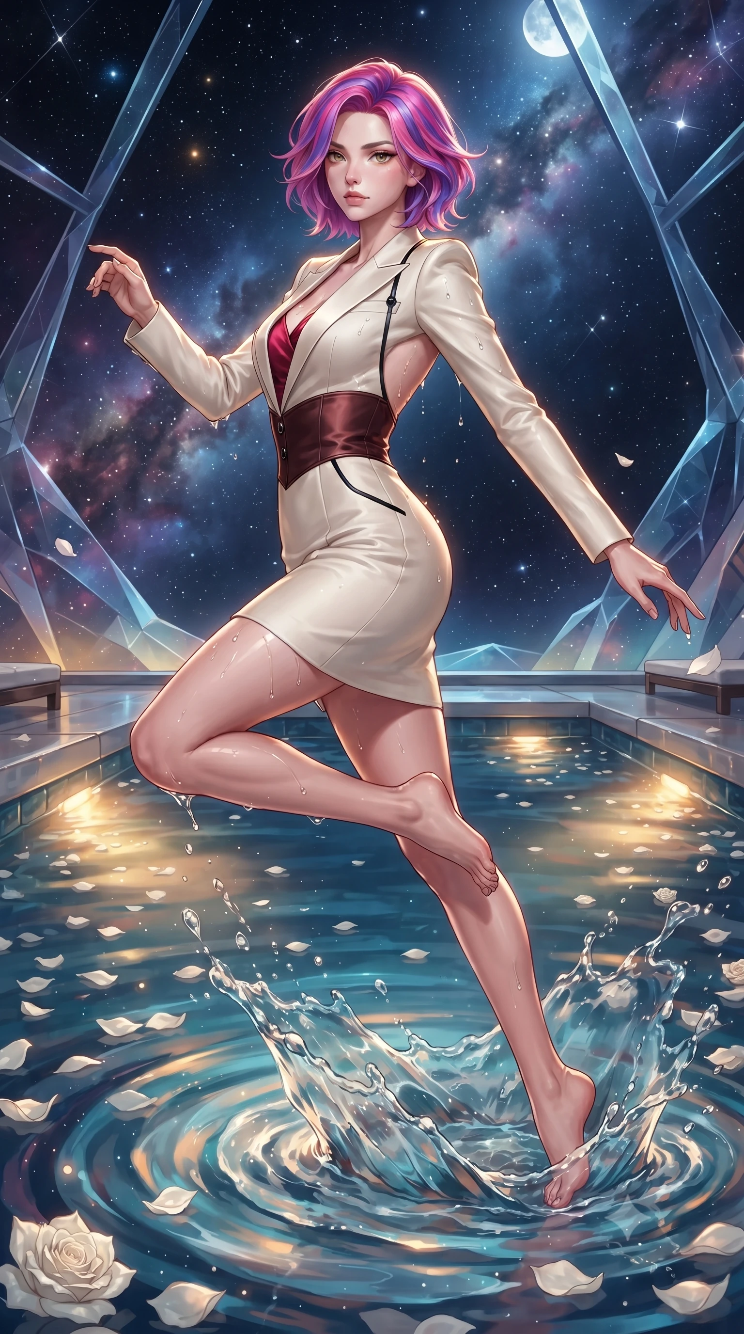 score_9, masterpiece, best quality, ultra-detailed, high-budget anime keyframe, editorial fashion photography, tasteful artistic composition, Caucasian woman. low angle full-body shot from head to toe showing her feet, filling the entire 9:16 vertical frame with her statuesque presence, stretching her vertical silhouette. leaping dynamically through the starry space, her posture full of power and elegance, immersed to the waist in a heated private pool with floating white rose petals, glistening water dewdrops tracing her delicate bare shoulders and clavicle lines. She has an absolutely perfect, statuesque 8.5-heads proportion, an exceptionally tall and slender model-like female figure with impossibly long slender legs and an ultra-slim waist. sharp v-shaped jawline, high-bridge nose, intricate jewel-like eyes with depth, thick eyelashes, glossy lips with a natural sheen. wearing tailored ivory tux dress with satin lapels and fitted waist in dark mahogany, made of soft crimson satin, adorned with minimalist black onyx hardware framing the silhouette, following her slender form with tailored precision. illuminated by warm underwater spotlights and cold silver moonlight from above. highly saturated vibrant anime colors, detailed shading with soft gradients, rich glossy textures, high-contrast stereoscopic depth, volumetric dynamic lighting, master piece, 9:16 ratio