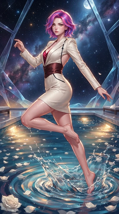 score_9, masterpiece, best quality, ultra-detailed, high-budget anime keyframe, editorial fashion photography, tasteful artistic composition, Caucasian woman. low angle full-body shot from head to toe showing her feet, filling the entire 9:16 vertica
