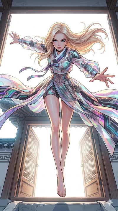 score_9, masterpiece, best quality, ultra-detailed, high-budget anime movie keyframe, cinematic anime lighting, intricate line art, Korean woman. Extreme high angle shot as she leaps towards the camera, filling the frame. looking through a doorway in