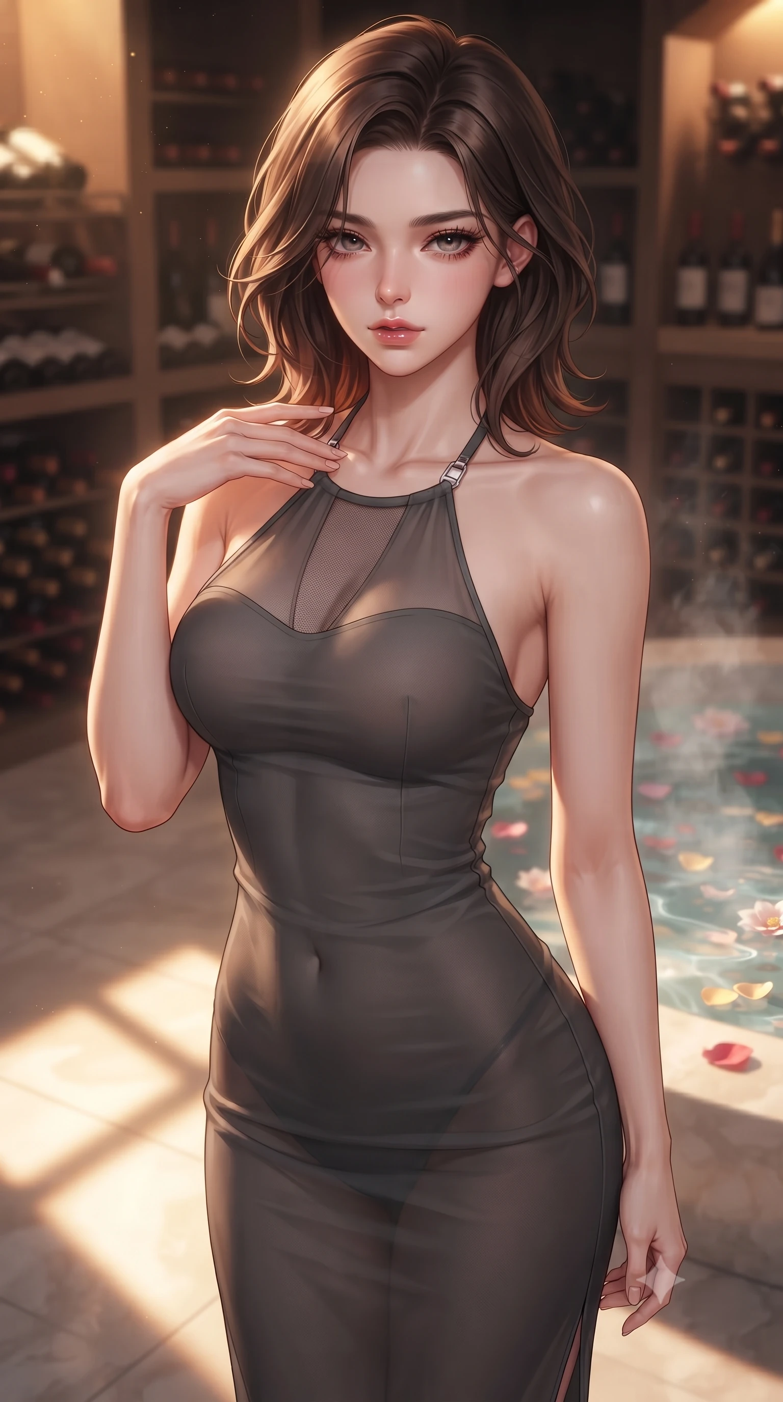score_9, masterpiece, best quality, ultra-detailed, high-budget anime keyframe, editorial fashion photography, tasteful artistic composition, Korean woman. close-up cowboy shot from the waist and thighs up, the character dominates the composition, filling the frame with her large presence, background elements kept in soft focus. gently tracing her fingertips along her bare collarbone, casting a sultry gaze beneath long dark eyelashes set against a soft-focus background of inside an exclusive wine cellar alcove with rising mineral steam and floating flower petals on the clear water surface. She has an exceptionally elegant, slender, and willowy female figure with an ultra-slim waist, a gracefully sculpted slender torso, and a refined silhouette. sharp v-shaped jawline, high-bridge nose, intricate jewel-like eyes with depth, thick eyelashes, glossy lips with a natural sheen. wearing body-hugging charcoal sheer organza form-contouring cashmere halter dress tracing her statuesque physique accented with delicate silver hardware. bathed in warm golden hour sunbeams that cast long, romantic shadows across the floor. highly saturated vibrant anime colors, detailed shading with soft gradients, rich glossy textures, high-contrast stereoscopic depth, volumetric dynamic lighting, master piece, 9:16 ratio