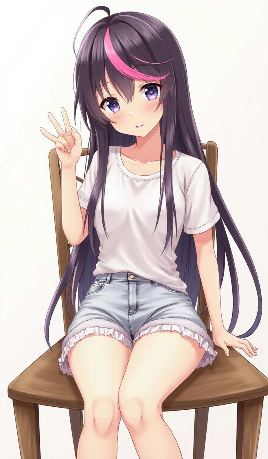 An illustration of a female idol character in anime style. She has long, dark violet hair with pink stripes, 6-edged star pupils, and is wearing a cute casual outfit while sitting on a wooden chair.