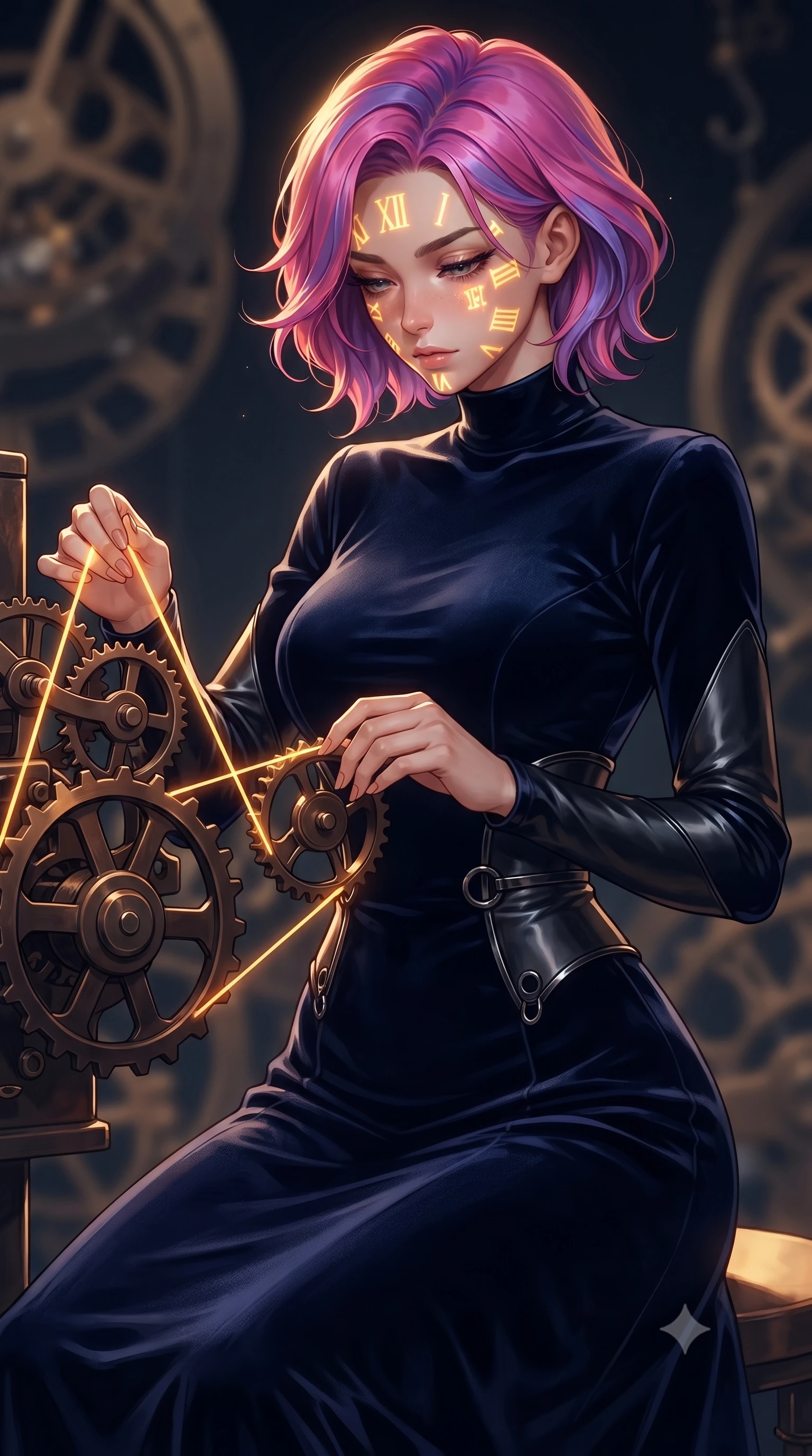 score_9, masterpiece, best quality, ultra-detailed, high-budget anime keyframe, editorial fashion photography, tasteful artistic composition, Caucasian woman. close-up cowboy shot from the waist and thighs up, the character dominates the composition, filling the frame with her large presence, background elements kept in soft focus. Looking down with lowered lashes and a composed, powerful dark aura, threading glowing amber clock wires through dark bronze mechanical sprockets, glowing amber Roman numerals casting warm light across her face. She has an exceptionally elegant, slender, and willowy female figure with an ultra-slim waist, a gracefully sculpted slender torso, and a refined silhouette. sharp v-shaped jawline, high-bridge nose, intricate jewel-like eyes with depth, thick eyelashes, glossy lips with a natural sheen. wearing floor-length high-neck midnight navy velvet gown with long sleeves in pitch-black onyx, made of polished black leather, trimmed with dark chrome ring hardware along the waist contours, contouring every curve with an exceptionally elegant silhouette. lit by intense golden clockwork key light against cold midnight darkness. highly saturated vibrant anime colors, detailed shading with soft gradients, rich glossy textures, high-contrast stereoscopic depth, volumetric dynamic lighting, master piece, 9:16 ratio