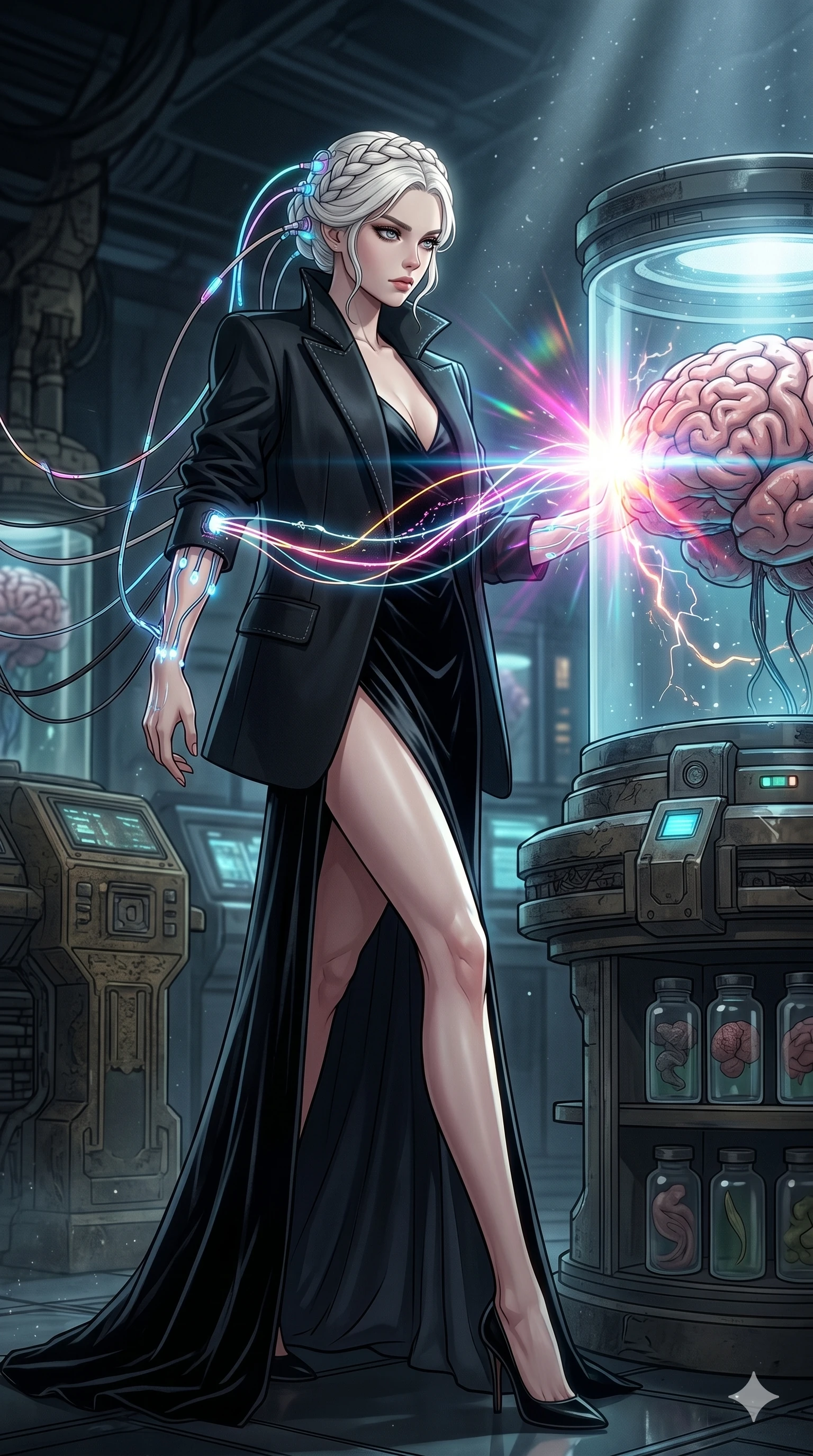 score_9, masterpiece, best quality, ultra-detailed, high-budget anime movie keyframe, cinematic anime lighting, intricate line art, Caucasian (strictly human ears) anime girl. Low angle cowboy shot capturing a powerful motion and statuesque presence. interfacing with a giant brain in a jar using neural connectors. She has an absolutely perfect 8-heads proportion, an exceptionally tall and slender female figure with an ultra-slim waist and impossibly long slender legs. strictly human anatomy, two legs only, no extra limbs, clearly defined legs and arms, perfect anatomy, perfect hands and fingers. sharp v-shaped jawline, high-bridge nose, intricate jewel-like eyes, thick eyelashes, glossy lips. Wearing High-Fashion Editorial: Silk slip dress with high side slit, backless velvet gown, and structured blazer with nothing underneath. The scene is illuminated by dramatic atmospheric lighting and vibrant color palettes. , 2k, ultra detail, master piece, 9:16 ratio