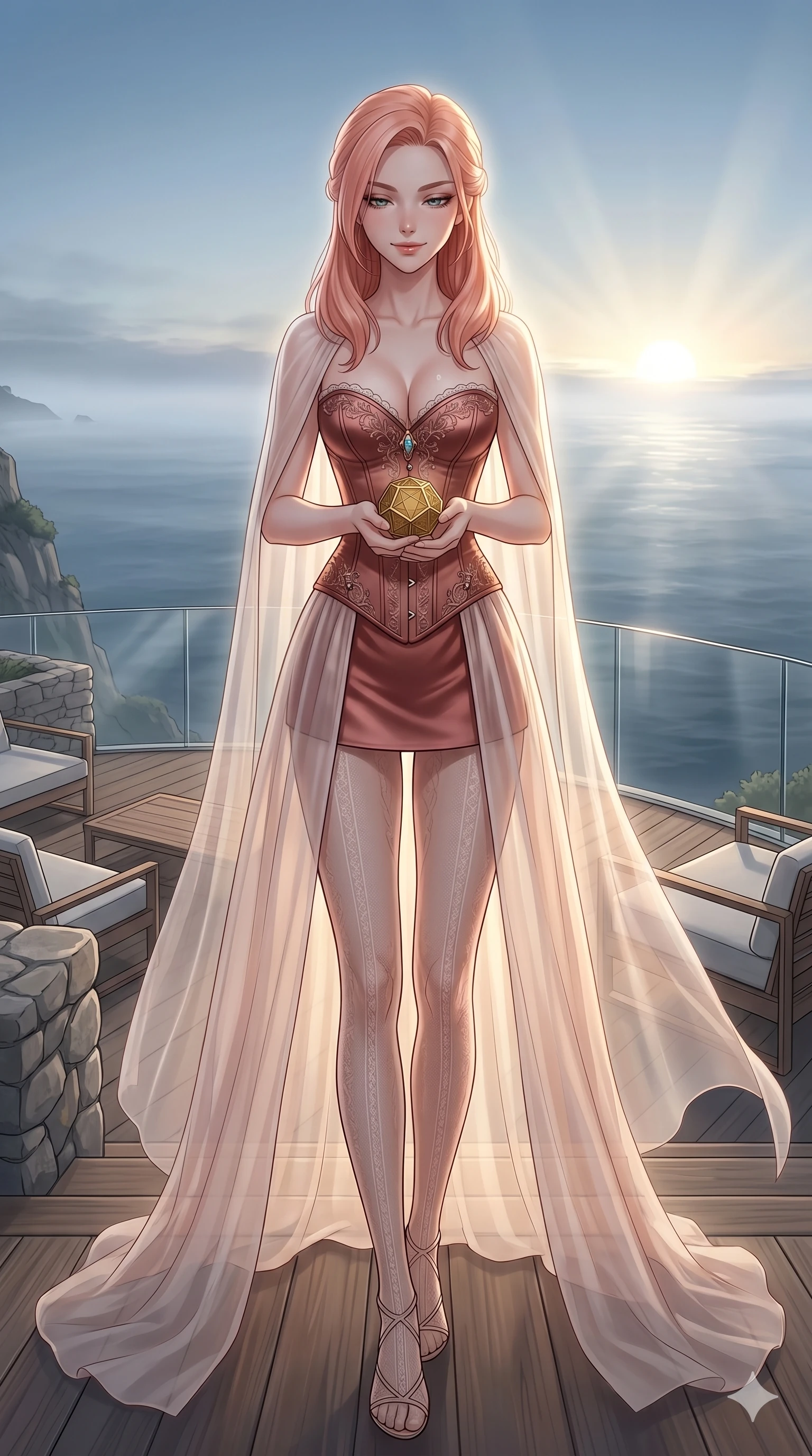 score_9, masterpiece, best quality, ultra-detailed, high-budget anime keyframe, editorial fashion photography, tasteful artistic composition, Japanese woman. cowboy shot from the thighs up, character and outfit filling the frame for maximum editorial presence. holding a small golden polyhedron, looking down with a serene and powerful smile on a private sun-deck of a cliffside retreat overlooking the deep sea (Code-P18-156). She has an absolutely perfect 8-heads proportion, an exceptionally tall and slender female figure with impossibly long slender legs and an ultra-slim waist. V-shaped jawline, high-bridge nose, intricate jewel-like eyes with depth, thick eyelashes, glossy lips with a natural sheen. wearing a structured satin corset showing her cleavage and a sheer cape. soft morning sunbeams filtering through the mist, creating a soft glowing aura. 2k, ultra detail, master piece, 9:16 ratio