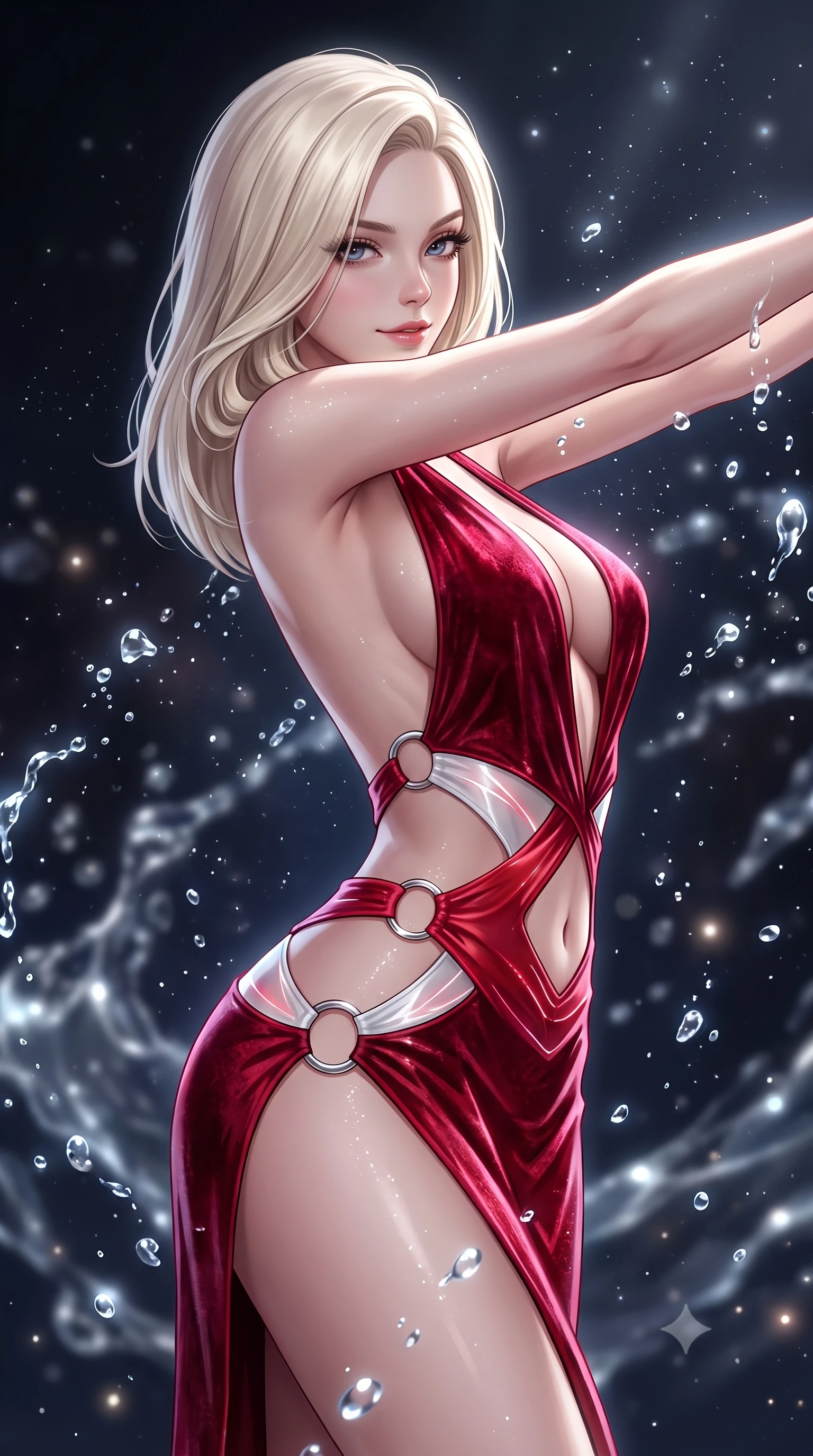 score_9, masterpiece, best quality, ultra-detailed, high-budget anime keyframe, semi-realistic 3D game render, editorial fashion photography, tasteful artistic composition, Caucasian woman. close-up cowboy shot from the waist and thighs up, the character dominates the composition, filling the frame with her large presence. stretching forward with an alluring arch of her spine, glancing over her shoulder with thick eyelashes and a smoldering half-smile while arching her back in a fluid motion as luminous celestial water droplets splash in slow motion around her. The composition keeps background elements in soft focus with creamy bokeh. silver water caustics and stardust motes scattering soft glowing light across a dark backdrop. She has an exceptionally elegant, slender, and willowy female figure with an ultra-slim waist, a gracefully sculpted slender torso, toned flat midriff, and a refined slim silhouette. sharp v-shaped jawline, high-bridge nose, intricate jewel-like eyes with depth, thick eyelashes, glossy lips with a natural sheen, flawlessly proportioned anatomical accuracy, strict slender model proportions, natural body alignment, perfectly sculpted long slender limbs, ultra-slim waistline, clean dynamic posture without body distortion. wearing a backless crimson crushed velvet gown with a deep plunging V-neckline, strategic hip cutouts, and an ultra-high thigh slit in radiant crimson silk and crisp snow white, tailored from semi-translucent cybernetic vinyl with glowing micro-filaments, detailed with polished silver rings connecting the daring side-waist cutouts, the precision-cut daring openings accentuating her delicate midriff, graceful bare collarbones, and ultra-slim feminine waistline. illuminated by soft glowing starlight fill and crisp specular highlights tracing her slender curves. highly saturated vibrant anime colors, detailed shading with soft gradients, rich glossy textures, high-contrast stereoscopic depth, volumetric dynamic lighting, master piece, 9:16 ratio