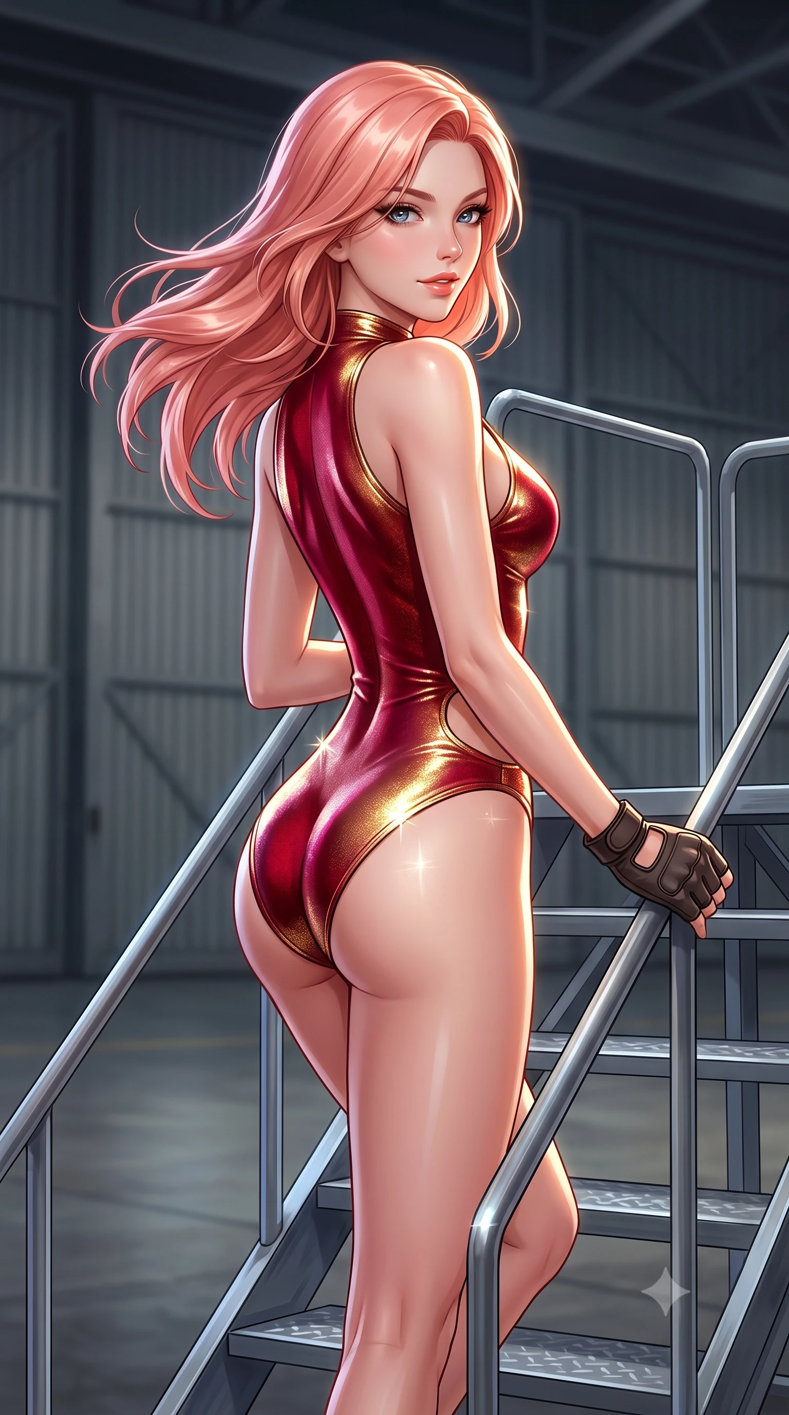 score_9, masterpiece, best quality, ultra-detailed, high-budget anime keyframe, semi-realistic 3D game render, editorial fashion photography, tasteful artistic composition, Japanese woman. close-up cowboy shot from the waist and thighs up, the character dominates the composition, filling the frame with her large presence. turning slowly with an enchanting smoldering smile, her glossy hair tossing in the breeze as her hips angle gracefully in a captivating contrapposto while standing poised on the mobile maintenance gantry stairs, looking back over a bare shoulder toward the vast hangar floor. The background shows a soft-focus massive corrugated hangar doors softened in top-secret facility shallow focus. She has an exceptionally elegant, slender, and willowy female figure with an ultra-slim waist, flat toned midriff, narrow ribcage, and sculpted feminine hips creating an alluring, slim hourglass silhouette without bulk. sharp v-shaped jawline, high-bridge nose, sparkling eyes with hypnotic seductive depth, thick curled eyelashes, glossy parted lips with a natural dewy peach sheen, alluring bedroom-eyes with an enchanting coquettish smile, exuding magnetic siren charisma and sophisticated glamour, flawlessly proportioned anatomical accuracy, strict slender model proportions, natural body alignment, perfectly sculpted long slender limbs, ultra-slim waistline, clean dynamic posture without body distortion. wearing a liquid metallic lamé ballet leotard clinging like a second skin with high-cut side hip cutouts in royal opera house crimson velvet and shimmering gold leaf, woven from stretch metallic lurex jersey casting radiant starlight glints across her silhouette, finished with fingerless matte leather tactical driving gloves with reinforced knuckles, the liquid-tight tailored fabric clinging flawlessly to her narrow waist and rounded feminine hips, emphasizing every millimeter of her sculpted slim hourglass curves without any bulky heaviness. illuminated by composite wing surface bounce and sharp white-gold rim lights defining her collarbones, narrow waist, and curvy hips. highly saturated vibrant anime colors, detailed shading with soft gradients, rich glossy textures, high-contrast stereoscopic depth, volumetric dynamic lighting, master piece, 9:16 ratio