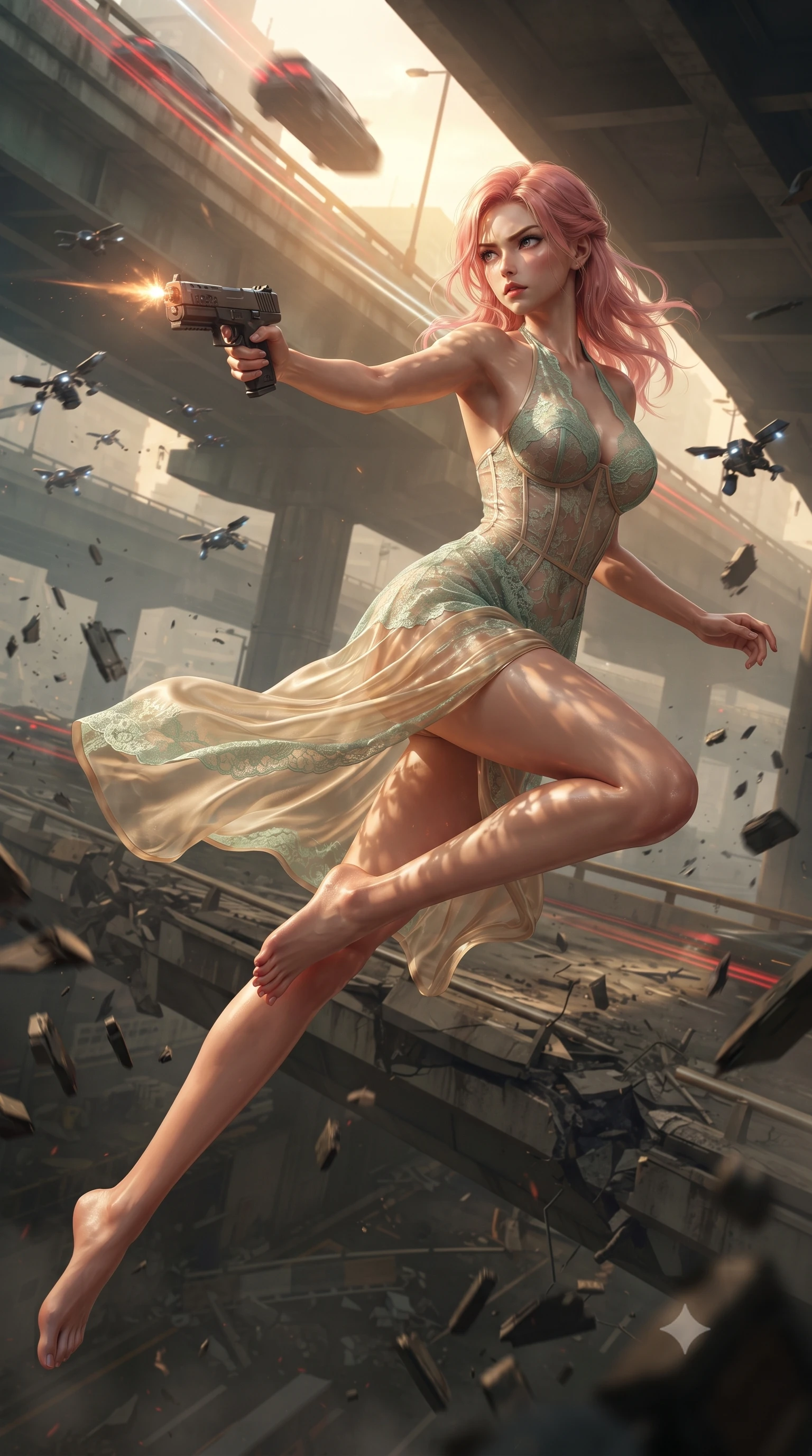 score_9, masterpiece, best quality, ultra-detailed, high-budget anime keyframe, editorial fashion photography, tasteful artistic composition, realistic cosplay photography, Japanese woman. low angle full-body shot from head to toe showing her feet, filling the entire 9:16 vertical frame with her statuesque presence, stretching her vertical silhouette. leaping dynamically off a collapsing sky-bridge while firing back at security drones through a dirty underpass beneath a multi-tiered highway, hover-vehicles rushing overhead leaving streaks of tail-lights in the smog. She has a statuesque 8.5-heads proportion, an exceptionally tall, slender and willowy model-like build with impossibly long legs and a highly sculpted ultra-slim waist. sharp v-shaped jawline, high-bridge nose, intricate jewel-like eyes with depth, thick eyelashes, glossy lips with a natural sheen. wearing the lightweight fabric rippling and billowing dramatically with her movement, a slim-fit semi-transparent halter dress in champagne gold, featuring a mint green lace overlay and a visible structured corset. warm golden afternoon sunbeams casting soft organic leaf shadows across her skin. ultra-reflective glossy finish, specular highlights, metallic sheen, high-contrast stereoscopic depth, volumetric dynamic lighting, 2k, ultra detail, master piece, 9:16 ratio
