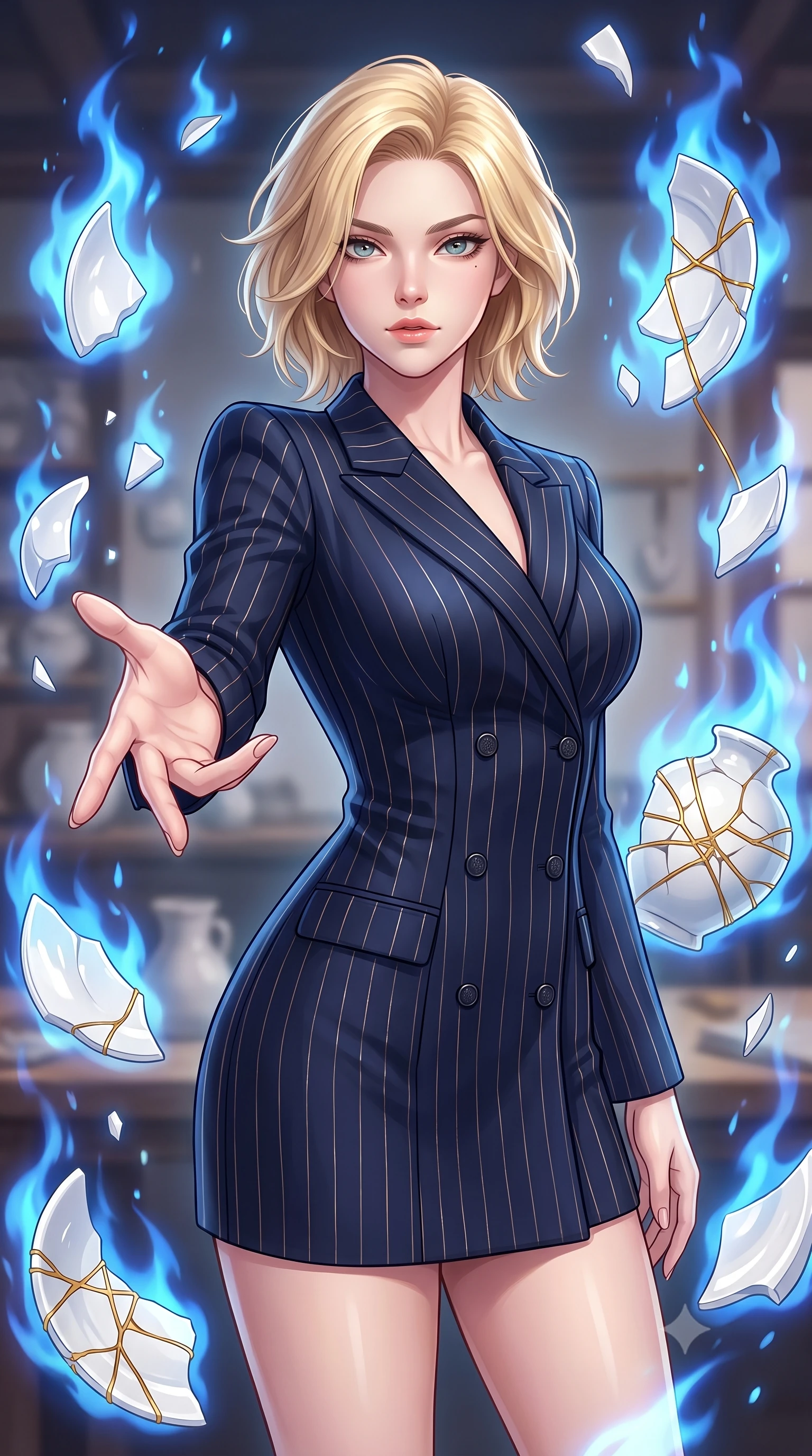 score_9, masterpiece, best quality, ultra-detailed, high-budget anime keyframe, editorial fashion photography, tasteful artistic composition, Caucasian woman. close-up cowboy shot from the waist and thighs up, the character dominates the composition, filling the frame with her large presence, background elements kept in soft focus. Reaching one hand gracefully toward the viewer with effortless superiority and allure standing in a craftsman atelier where white ceramic shards float in blue alchemy flames, delicate golden threads binding shattered pottery pieces together. She has an exceptionally elegant, slender, and willowy female figure with an ultra-slim waist, a gracefully sculpted slender torso, and a refined silhouette. sharp v-shaped jawline, high-bridge nose, intricate jewel-like eyes with depth, thick eyelashes, glossy lips with a natural sheen. wearing a tailored double-breasted blazer dress in navy with subtle metallic pin-stripes, the glove-like fit emphasizing her statuesque silhouette. surrounded by a majestic inner radiance highlighting glossy white porcelain. highly saturated vibrant anime colors, detailed shading with soft gradients, rich glossy textures, high-contrast stereoscopic depth, volumetric dynamic lighting, master piece, 9:16 ratio